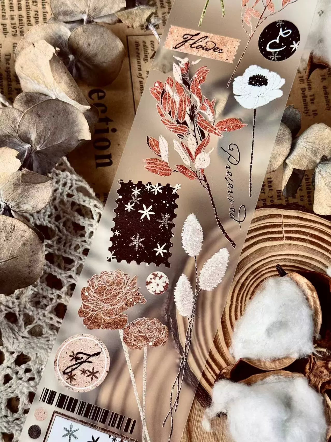 Linlanxi【Hand drawn Flower Collection】 Original New Product Light Retro Bouquet Washi/Pet Tape Long Loop Whole Roll