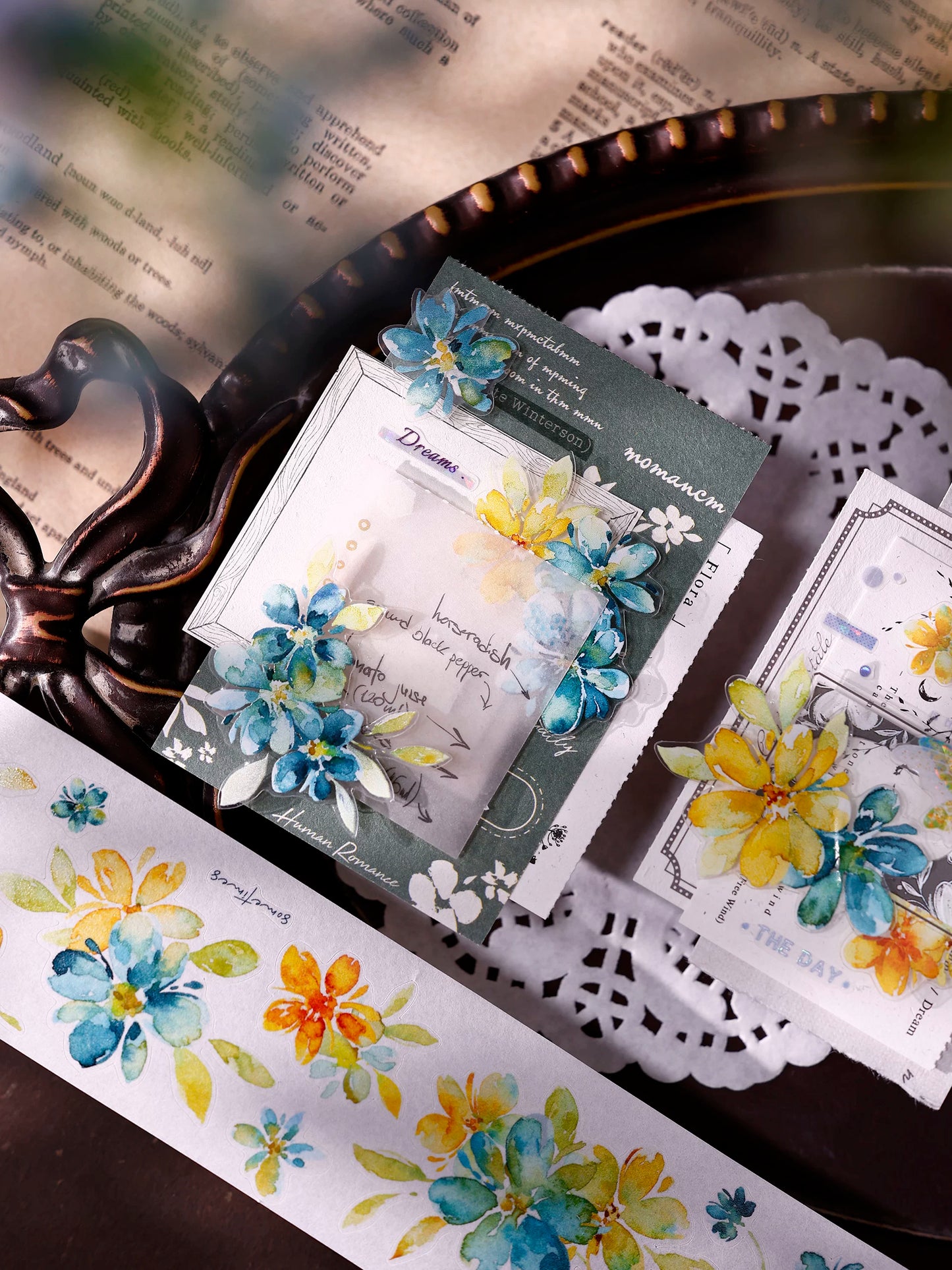 XiaoBaiJia【Picking Up Blue】Pre-cut Floral Orginal Design Washi Pet Tape Light Retro Stickers