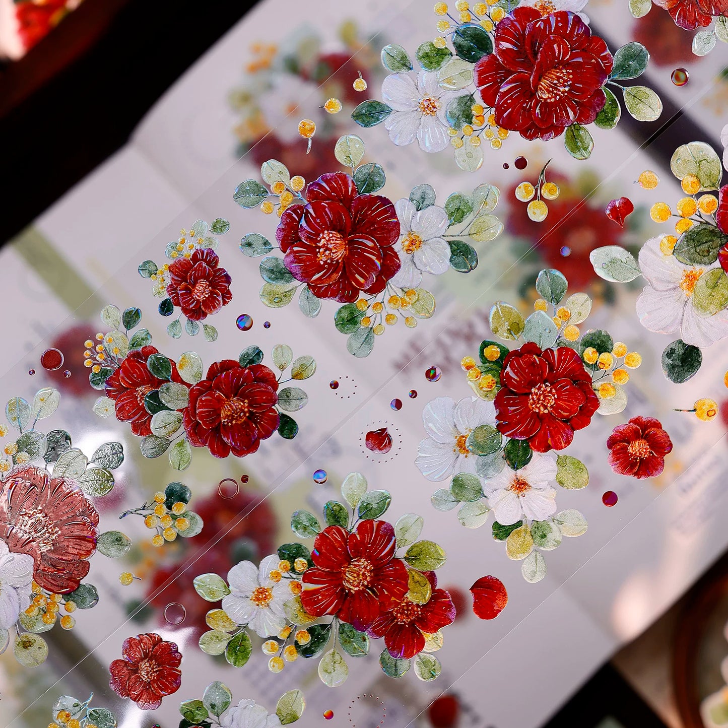 XiaoBaiJia Salt Series【Red Tea for Spring】Pre-cut Orginal Design Red and White Camellia Flowers Washi/Pet Tape Light Retro Stickers