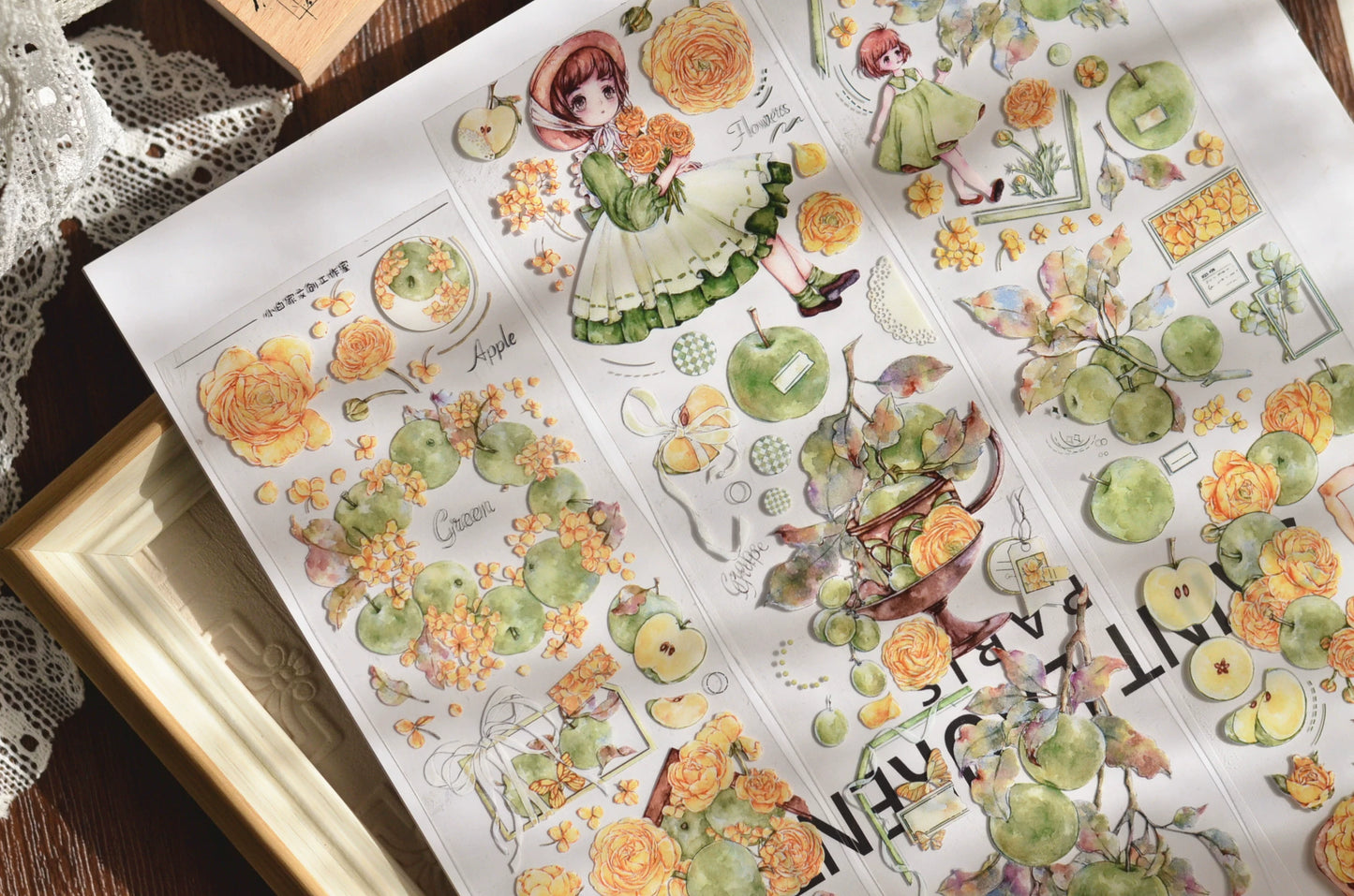 XiaoBaiJia【Initial Blue】Light Retro Peony Flowers and Fresh Apples Orginal Design Washi Pet Tape Landscaping Stickers