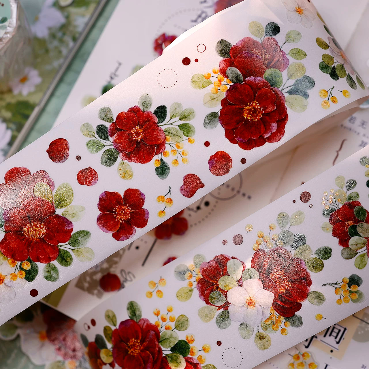XiaoBaiJia Salt Series【Red Tea for Spring】Pre-cut Orginal Design Red and White Camellia Flowers Washi/Pet Tape Light Retro Stickers