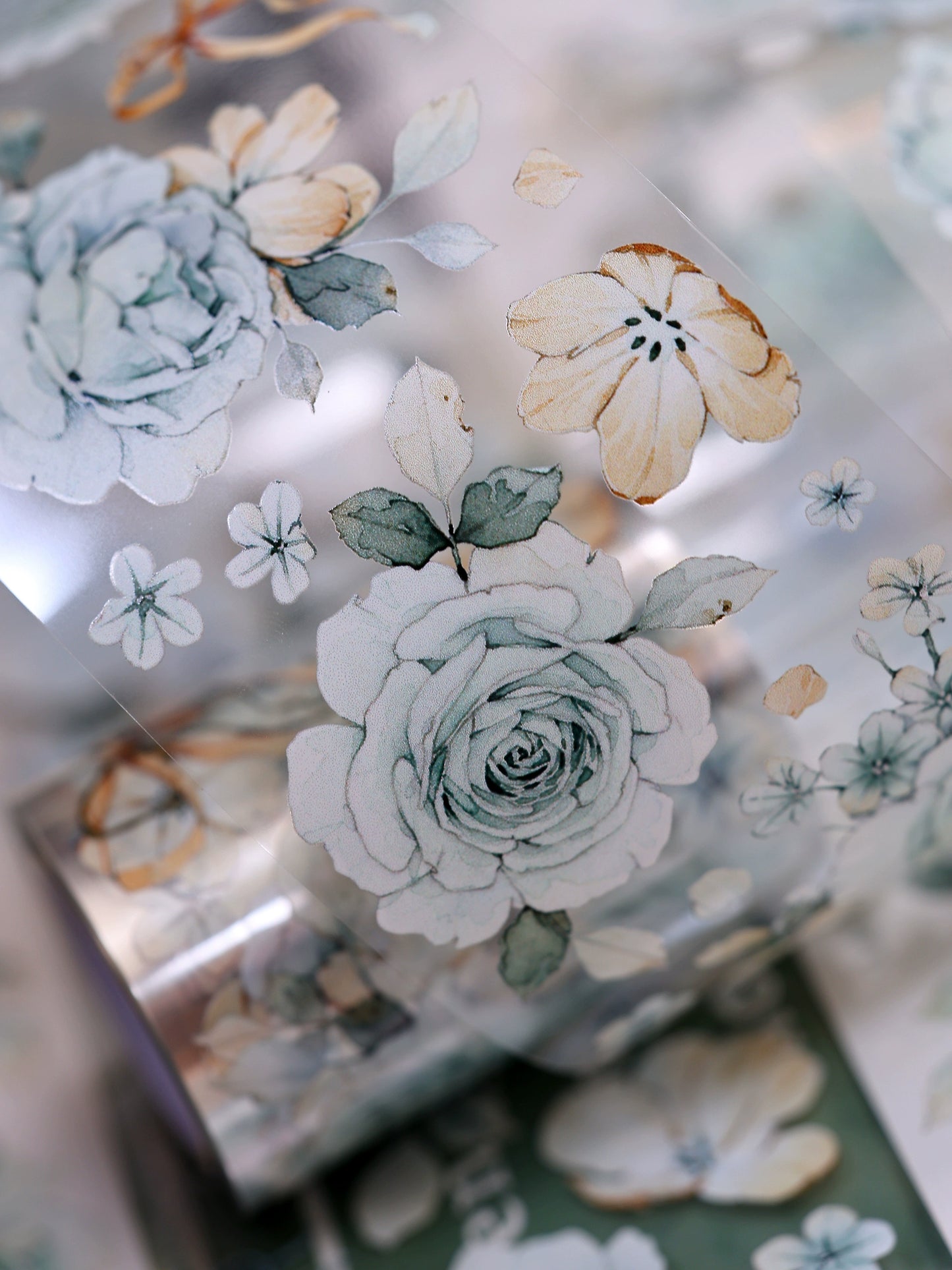XiaoBaiJia【Clear Sky/Morning Mist】Light Retro Mint Green Flower Orginal Design Washi Pet Floral Tape Landscaping Stickers