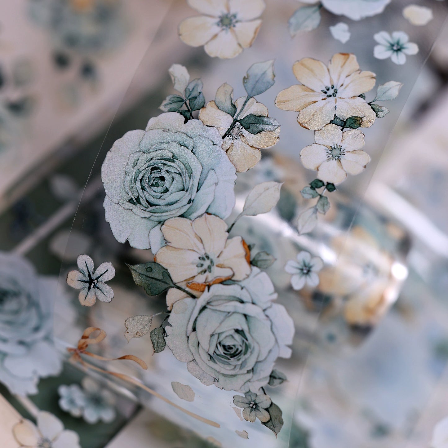 XiaoBaiJia【Clear Sky/Morning Mist】Light Retro Mint Green Flower Orginal Design Washi Pet Floral Tape Landscaping Stickers