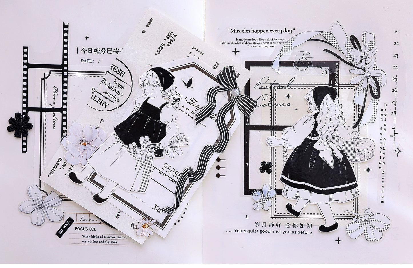 XiaoBaiJia【Small Countryside】Light Retro Black and White Characters Orginal Design Washi Pet Tape Stickers