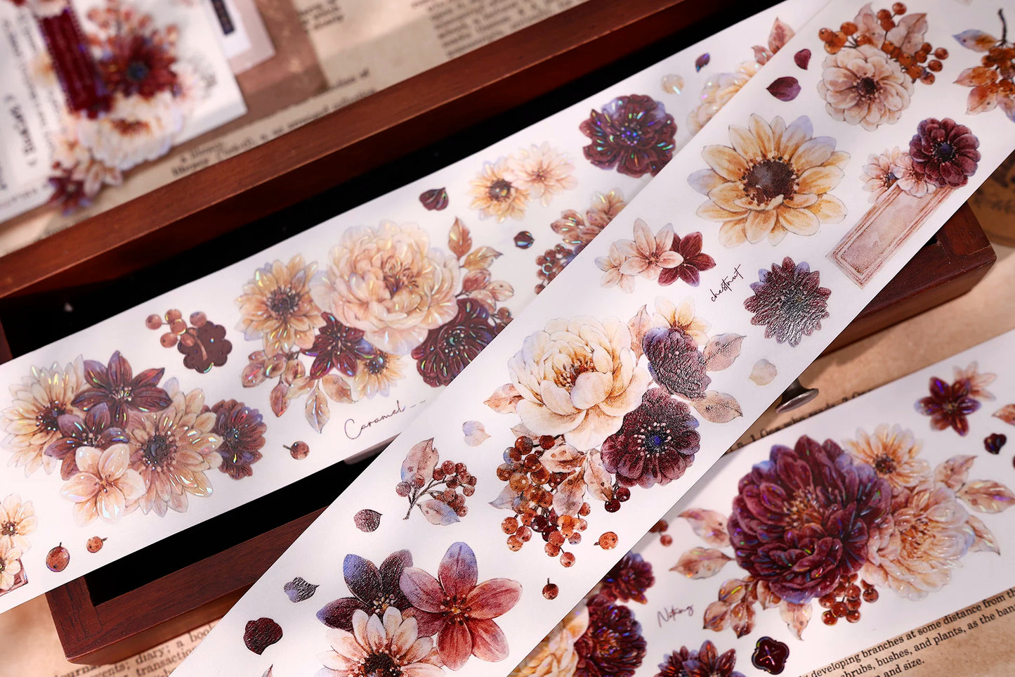 XiaoBaiJia【Peony Shadow Flower Description】Pre-cut Floral Orginal Design Washi Pet Tape Light Retro Stickers