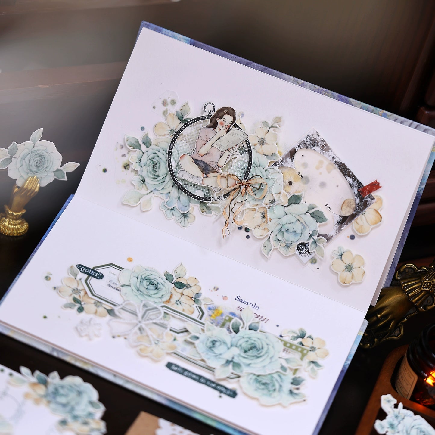 XiaoBaiJia【Clear Sky/Morning Mist】Light Retro Mint Green Flower Orginal Design Washi Pet Floral Tape Landscaping Stickers