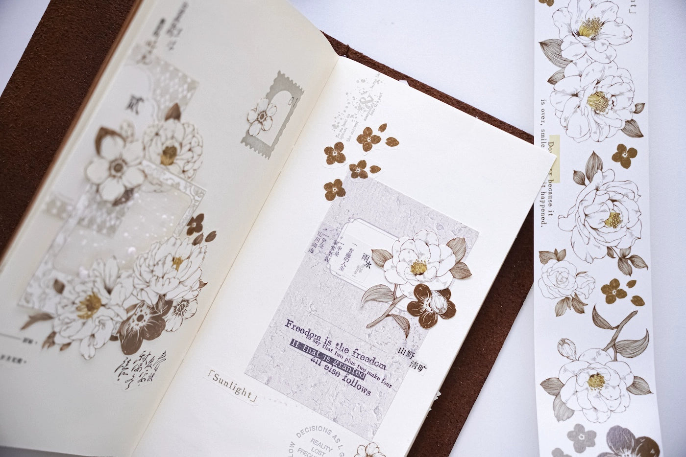 YuanZi Vol7【Misty White Camellia】Orginal Design Washi/Pet Tape Light Retro Flowers Stickers,for Scrapbook Supplies,Scrapbook Tape Stickers,Junk Journal Supplies