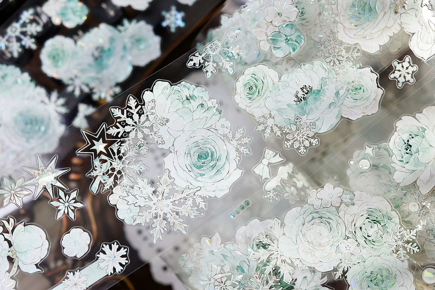 XiaoBaiJia Salt Series【Peppermint Ice】Pre-cut Orginal Design Light Retro Blue and Green Floral Pattern Washi/Pet Tape Light Retro Stickers