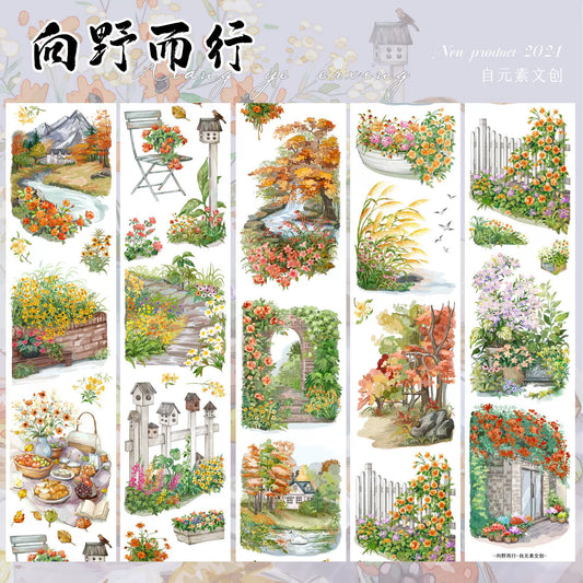 ZiYuanSu【Walk Towards the Wild】Background Scene/Landscape Pre-cut Washi/PET Tape,for Scrapbook Supplies,Scrapbook Tape Stickers,Junk Journal Supplies