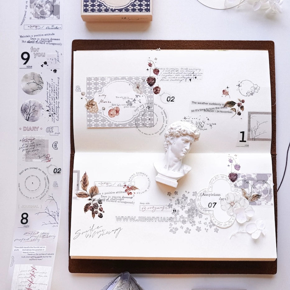 YuanZi Vol7【Sepia Letters】Orginal Design Washi/Pet English Text Tape Light Retro Stickers,for Scrapbook Supplies,Scrapbook Tape Stickers,Junk Journal Supplies