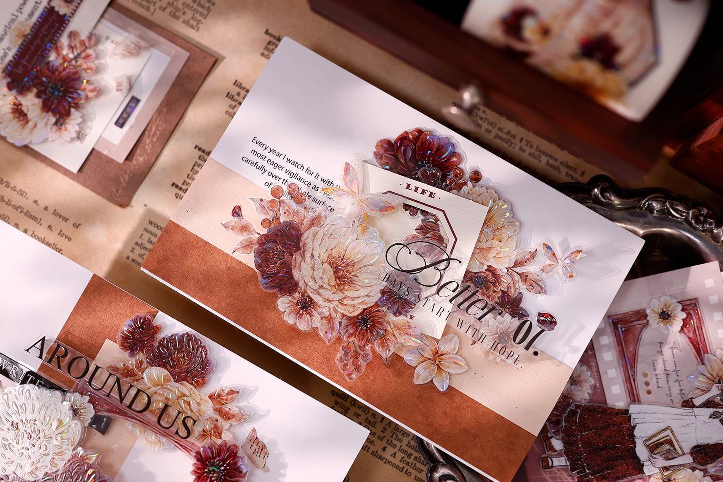 XiaoBaiJia【Peony Shadow Flower Description】Pre-cut Floral Orginal Design Washi Pet Tape Light Retro Stickers