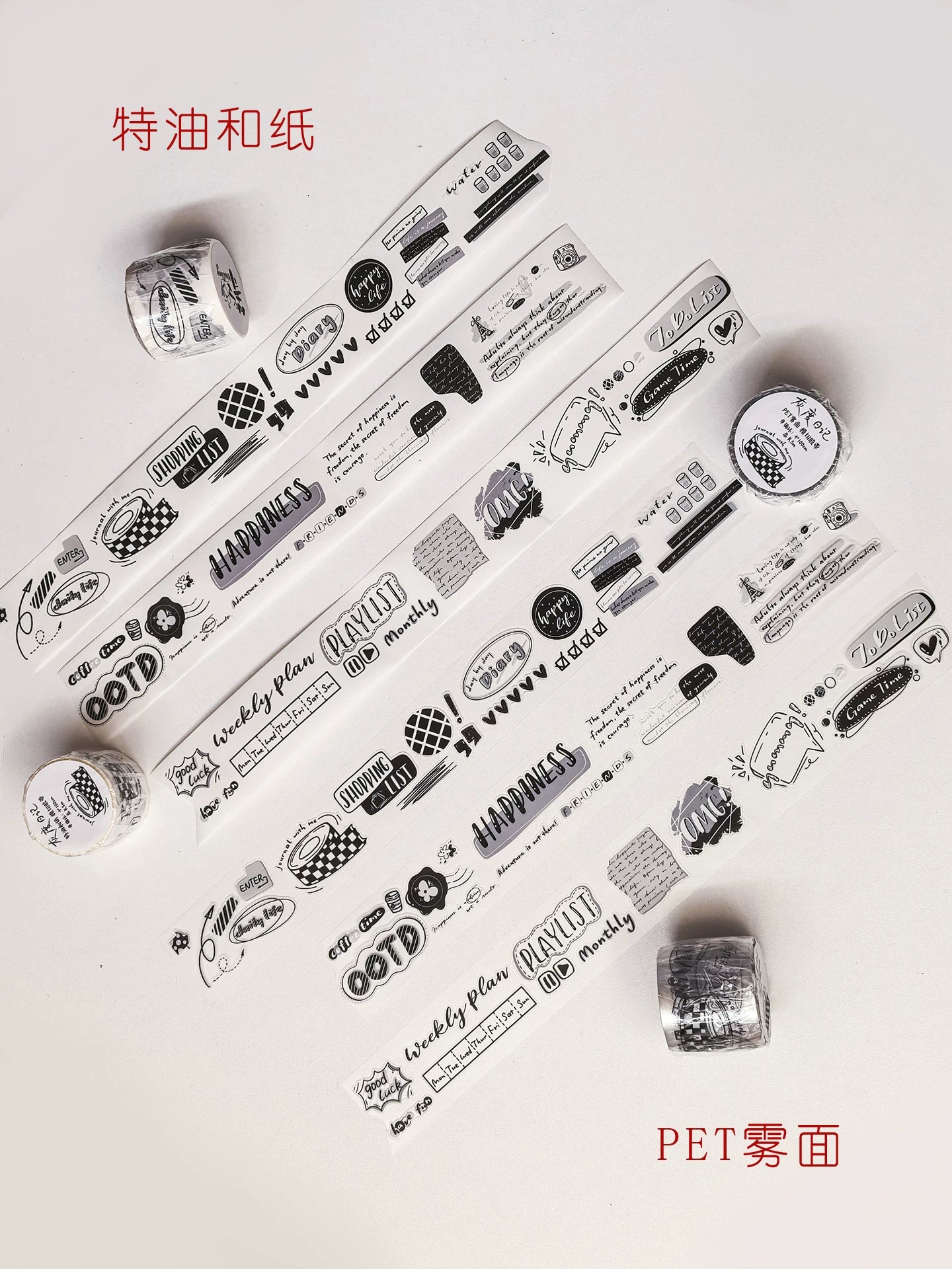 Wait Studio【Grayscale Diary】 Pre-cut Light Retro Black and White Text Washi/PET Tape