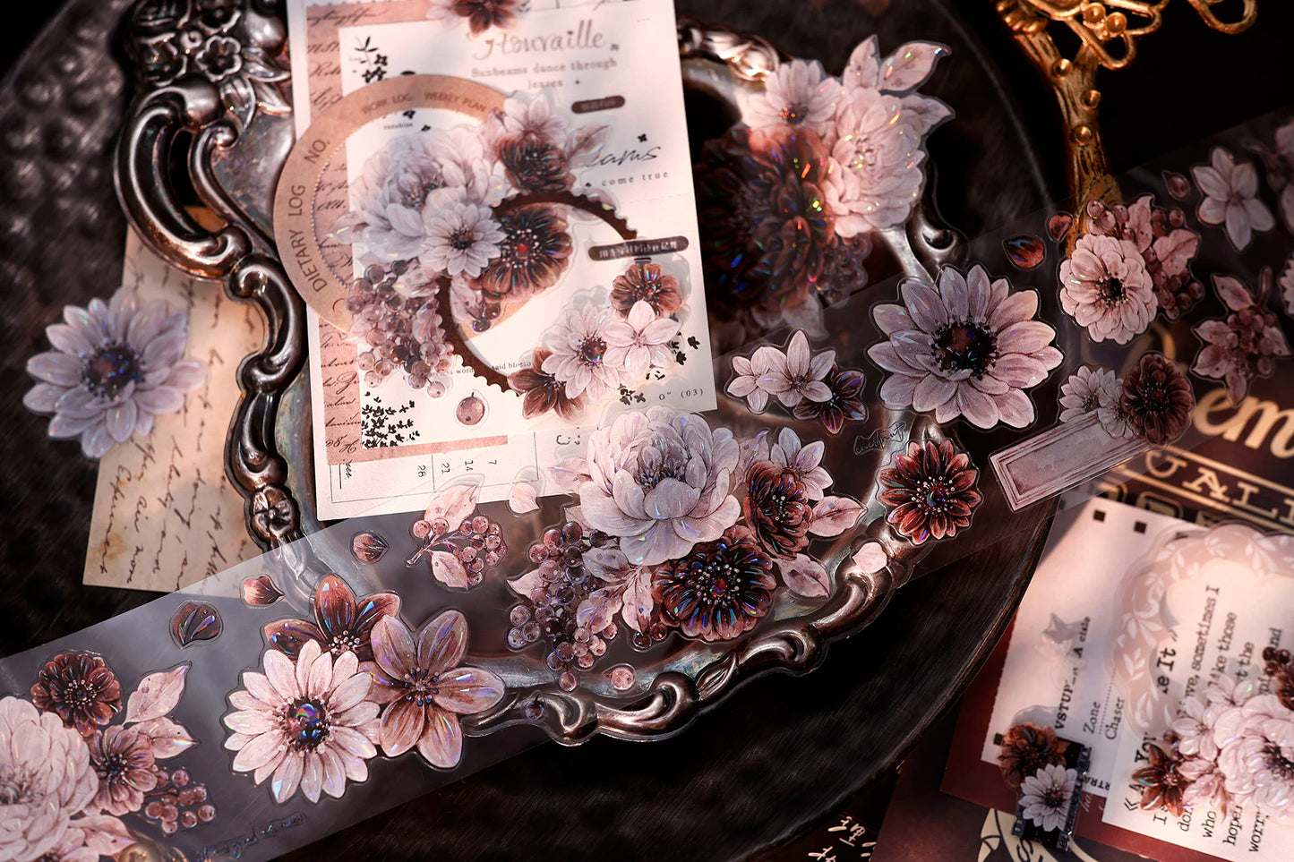 XiaoBaiJia【Brown Shadow Old Paper】Pre-cut Floral Orginal Design Washi Pet Tape Light Retro Stickers