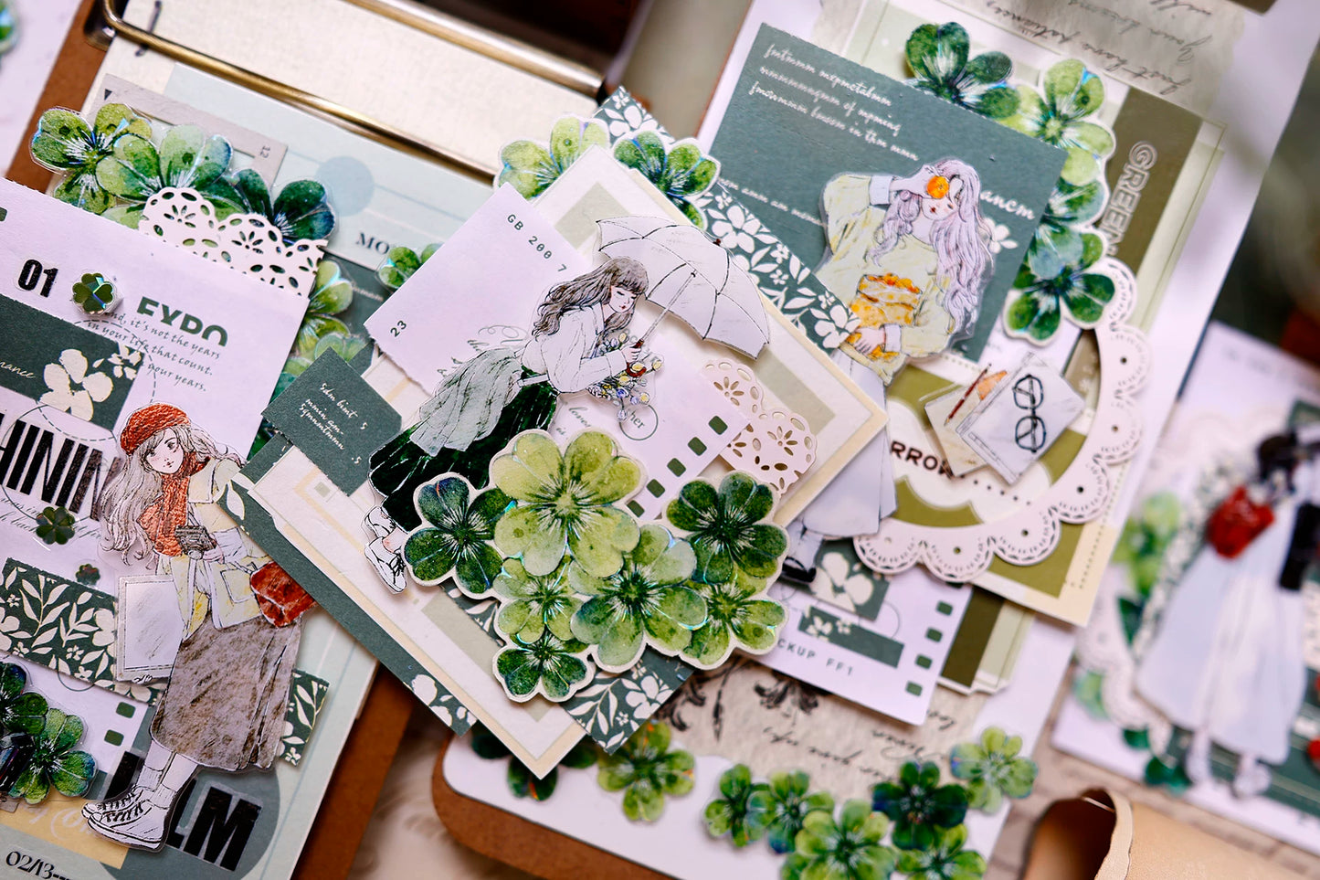 XiaoBaiJia【four-leaf clover】Orginal Design Kiss-cut Washi/Pet Floral Tape Light Retro Landscaping Stickers