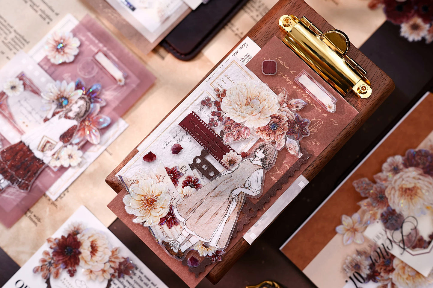 XiaoBaiJia【Peony Shadow Flower Description】Pre-cut Floral Orginal Design Washi Pet Tape Light Retro Stickers