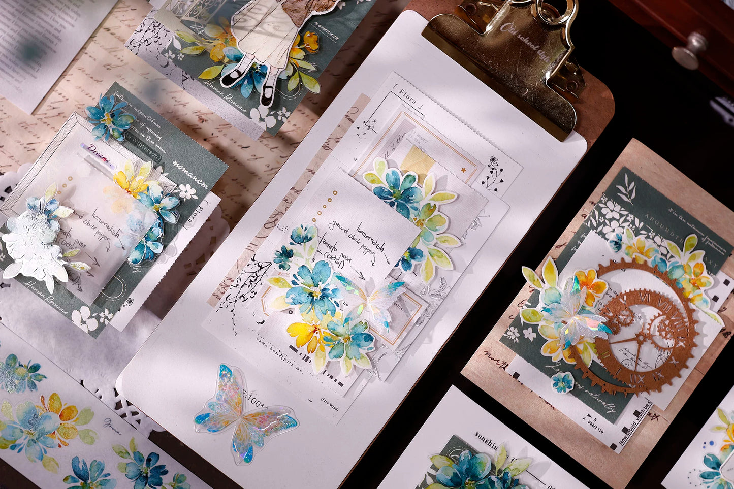 XiaoBaiJia【Picking Up Blue】Pre-cut Floral Orginal Design Washi Pet Tape Light Retro Stickers