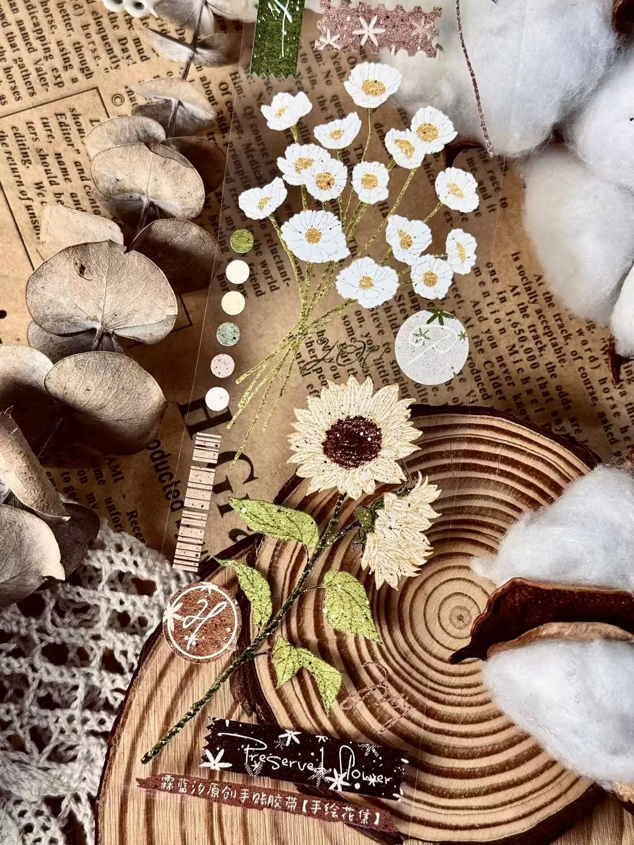 Linlanxi【Hand drawn Flower Collection】 Original New Product Light Retro Bouquet Washi/Pet Tape Long Loop Whole Roll