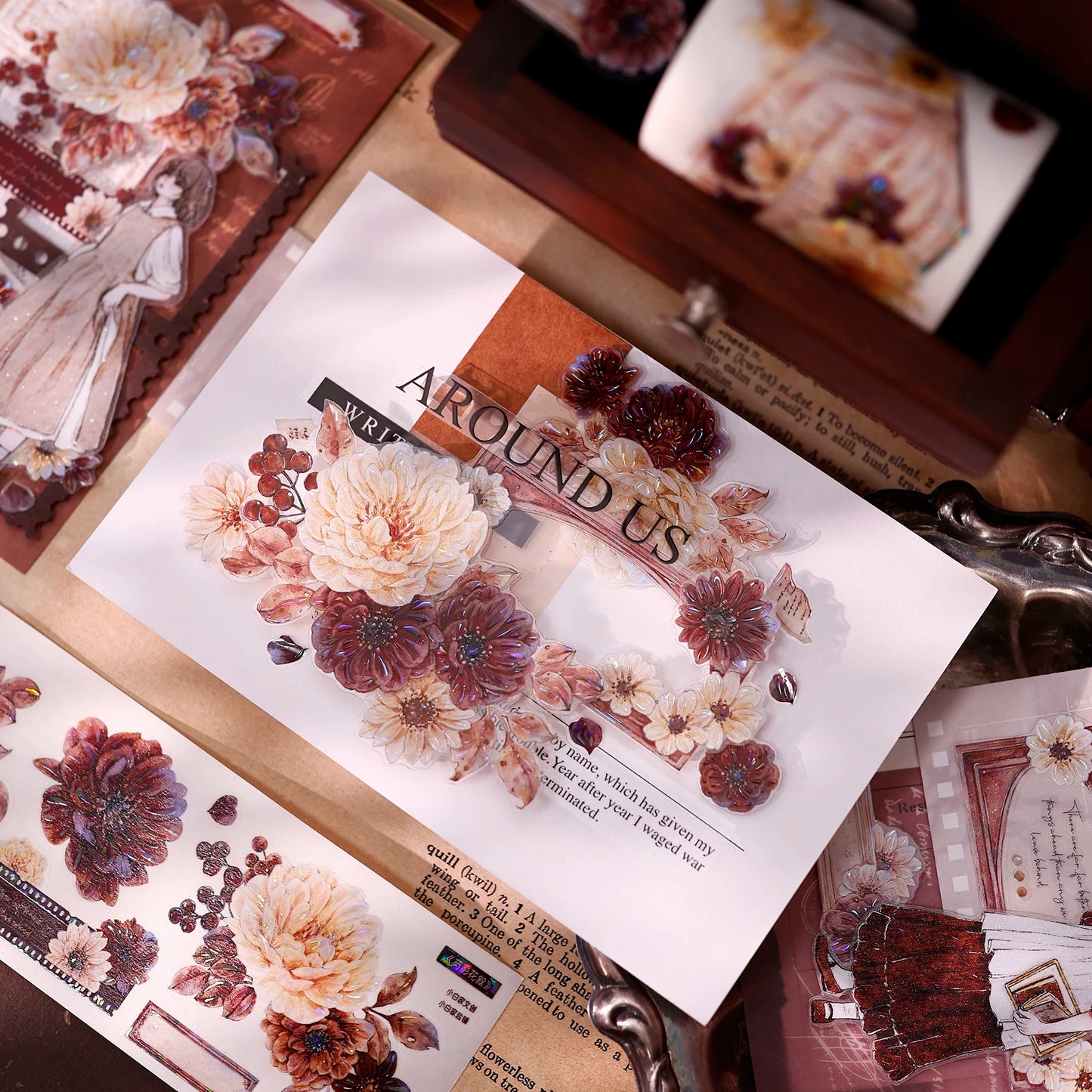 XiaoBaiJia【Peony Shadow Flower Description】Pre-cut Floral Orginal Design Washi Pet Tape Light Retro Stickers