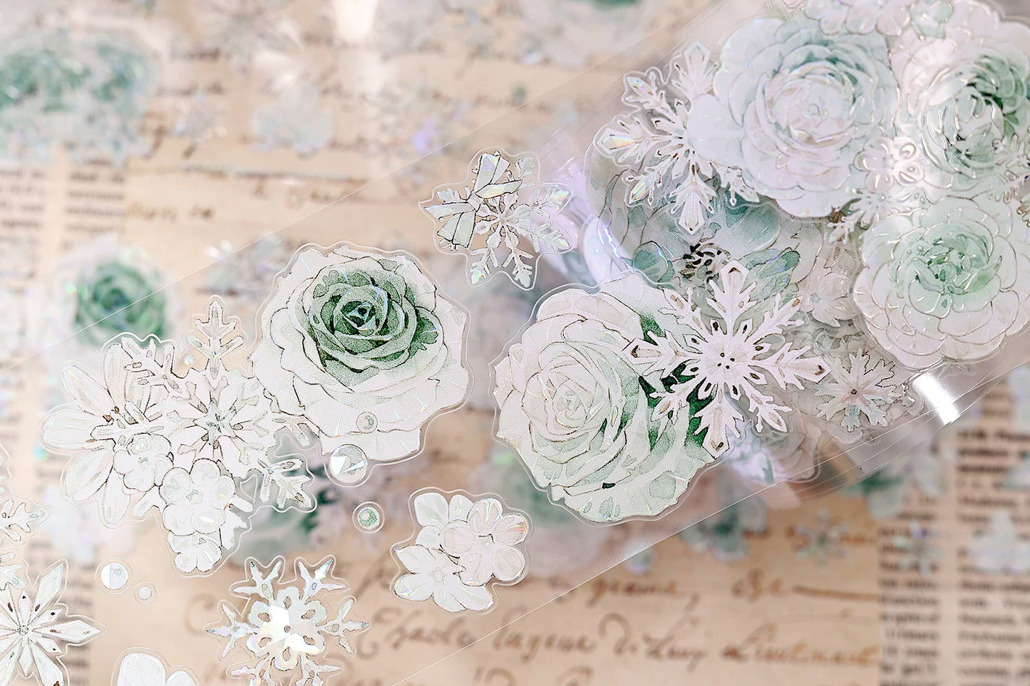 XiaoBaiJia Salt Series【Peppermint Ice】Pre-cut Orginal Design Light Retro Blue and Green Floral Pattern Washi/Pet Tape Light Retro Stickers