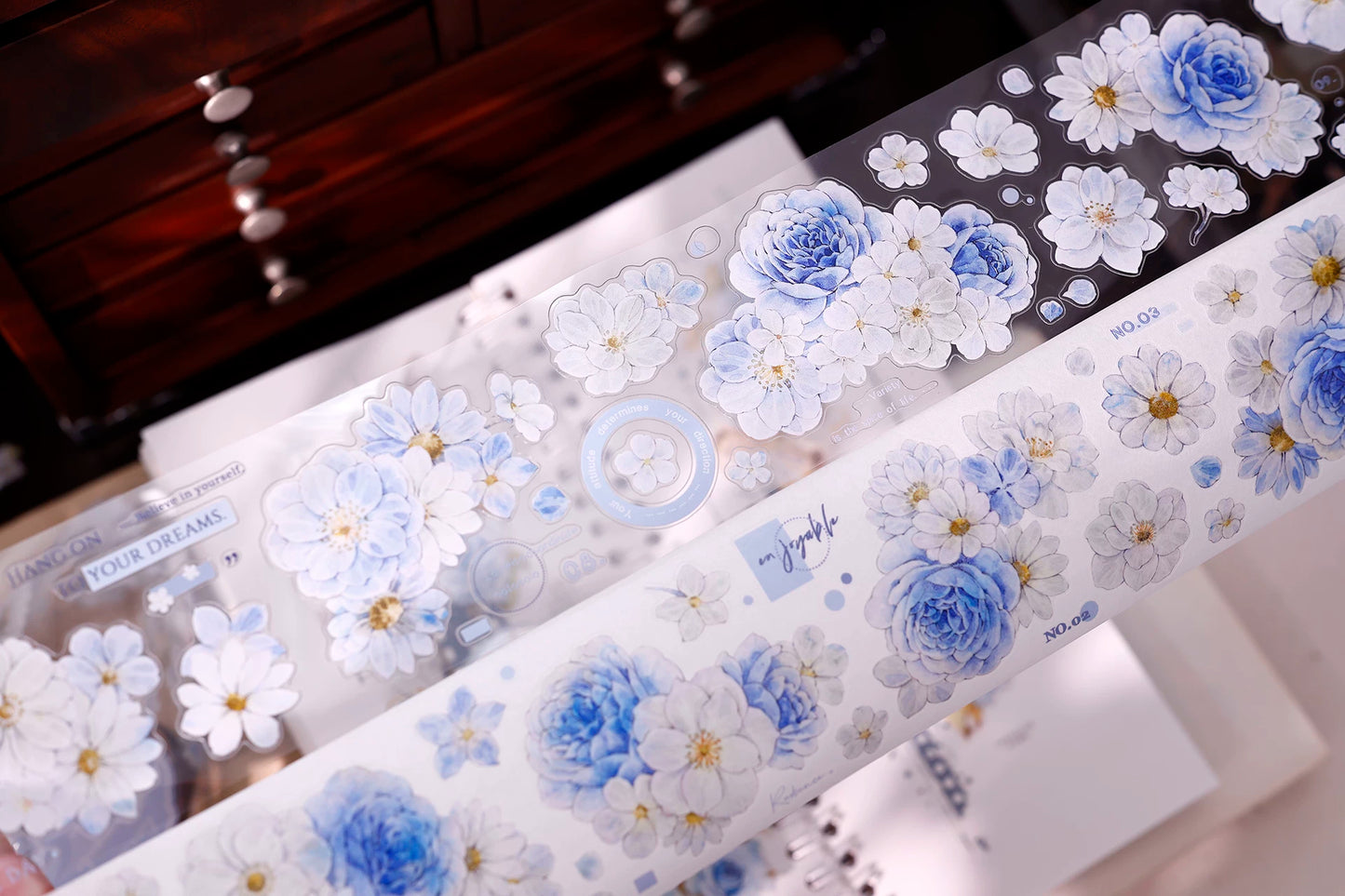 XiaoBaiJia【Light Blue Floral Trace】Orginal Design Floral Washi Pet Tape Light Retro Landscaping Stickers