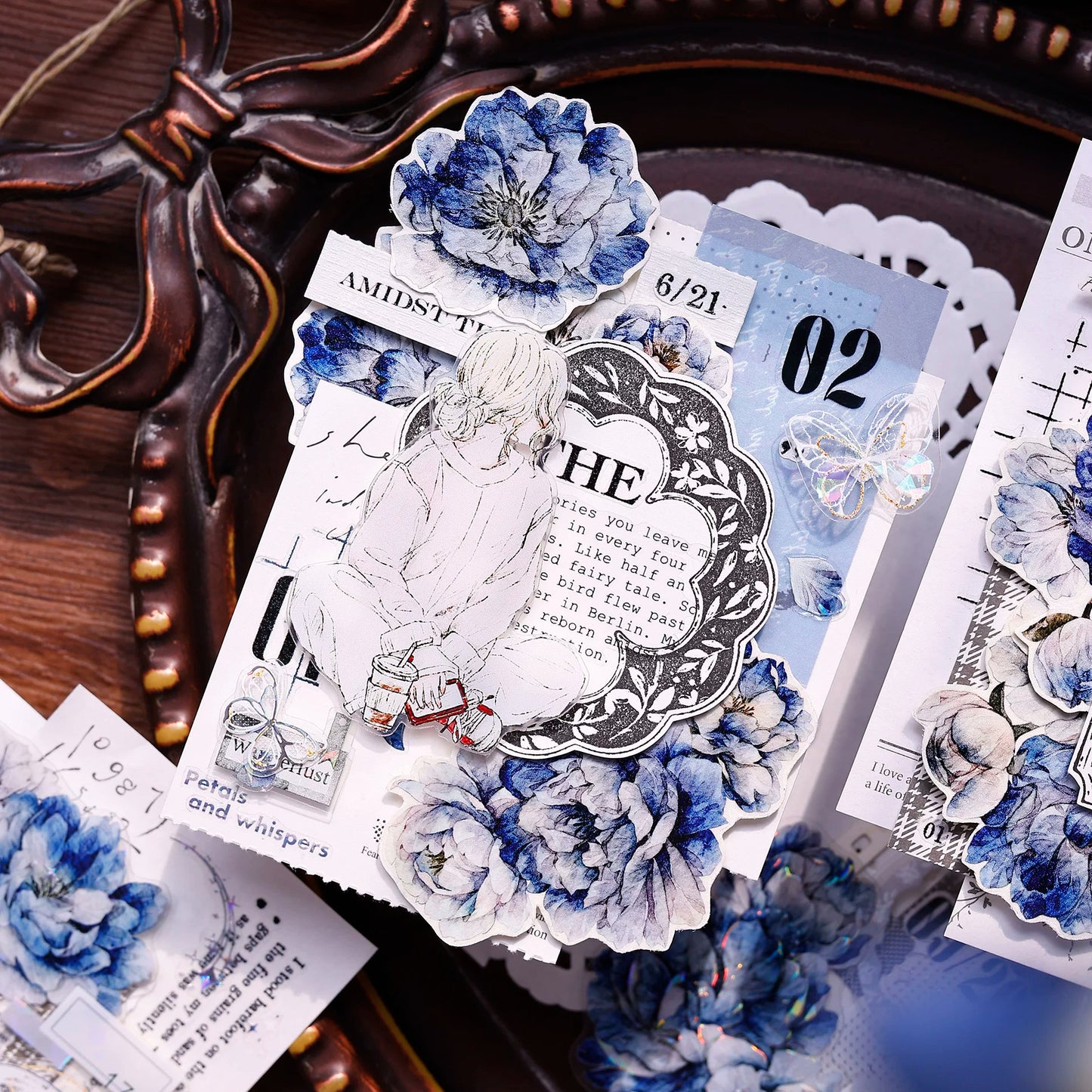 XiaoBaiJia Salt Series【Blue Mirror】Orginal Design Kiss-cut Washi/Pet Floral Tape Light Retro Landscaping Stickers