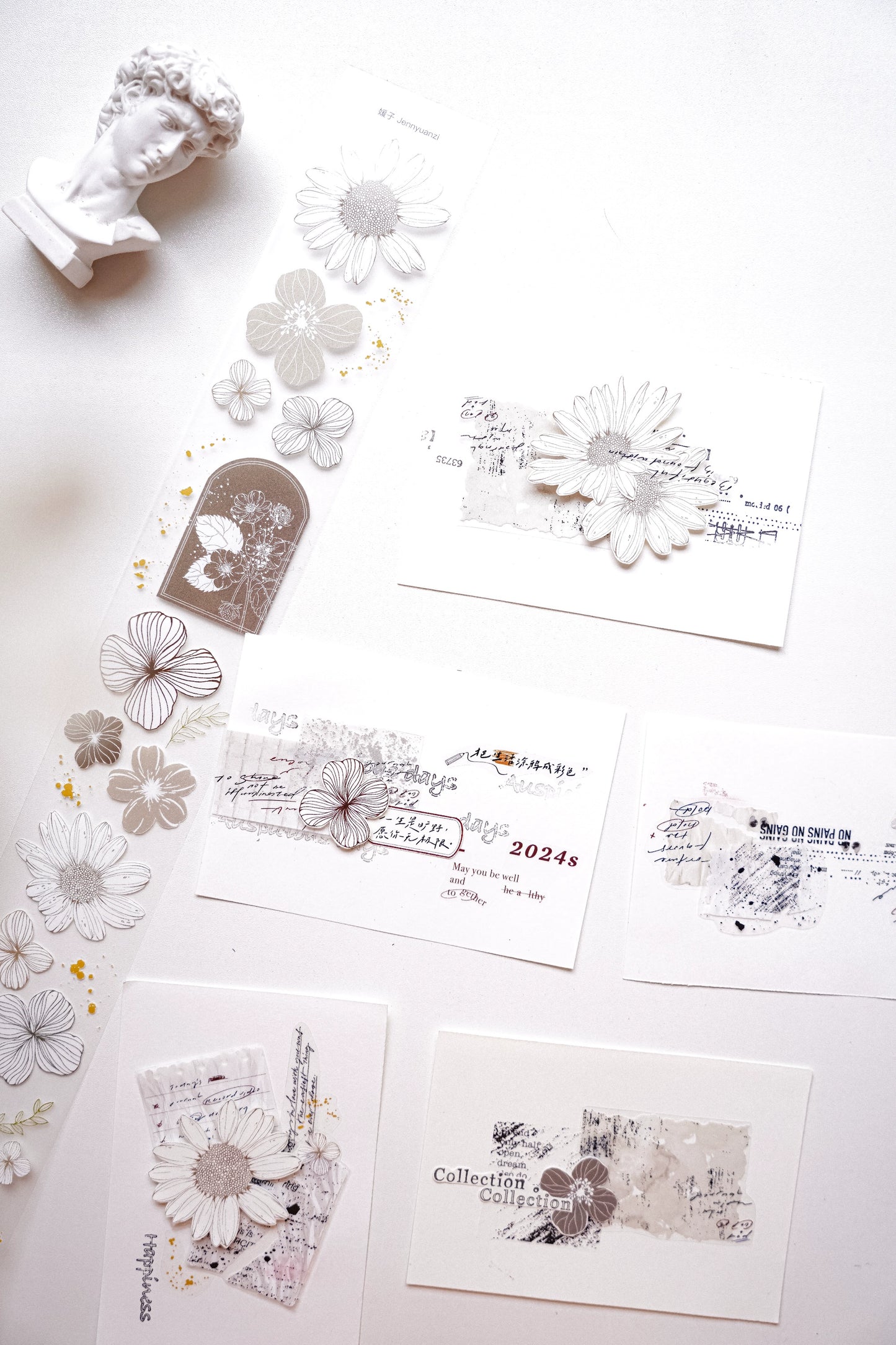 YuanZi Vol7【QiuMo】Orginal Design Washi/Pet Tape Light Retro Flowers Stickers,for Scrapbook Supplies,Scrapbook Tape Stickers,Junk Journal Supplies