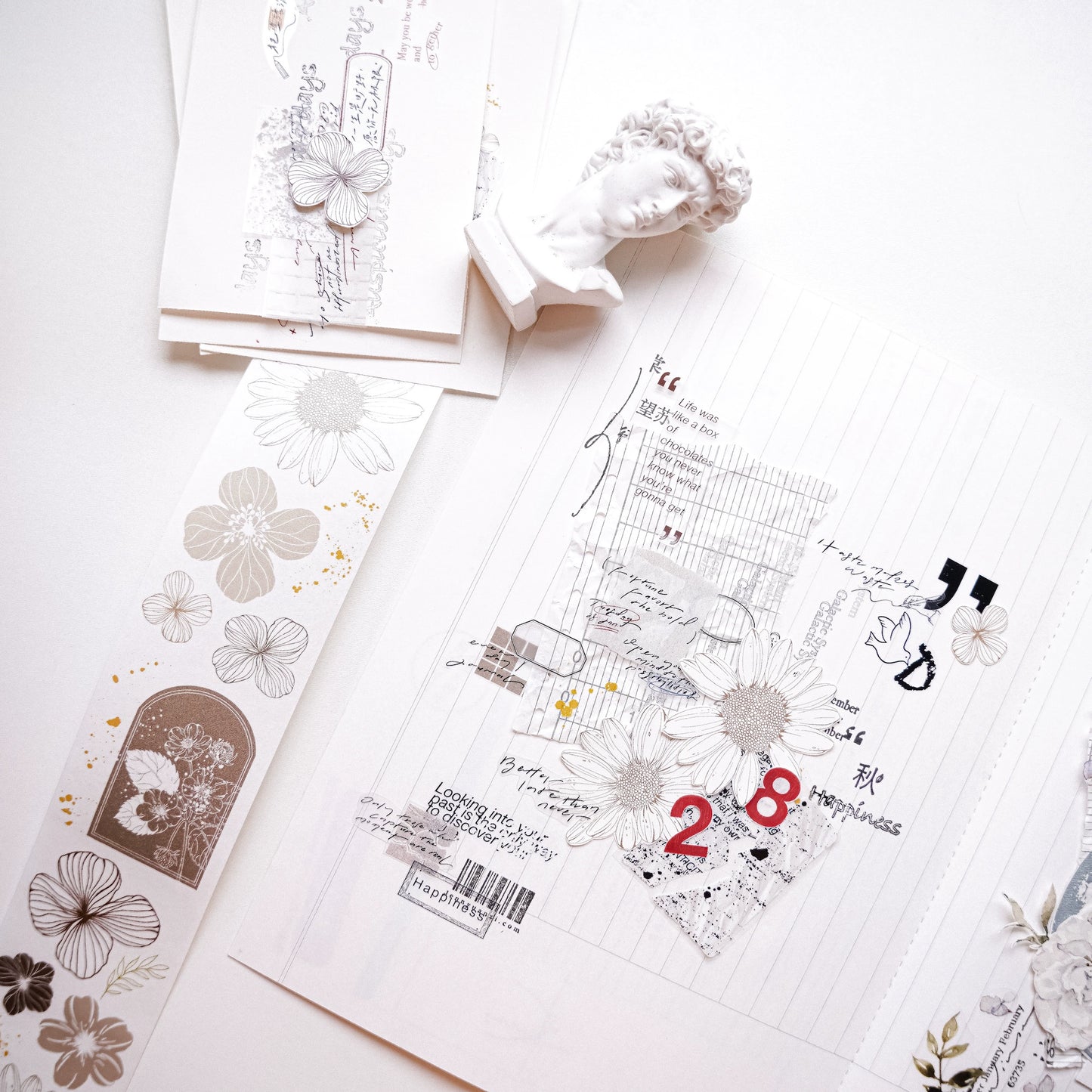 YuanZi Vol7【QiuMo】Orginal Design Washi/Pet Tape Light Retro Flowers Stickers,for Scrapbook Supplies,Scrapbook Tape Stickers,Junk Journal Supplies