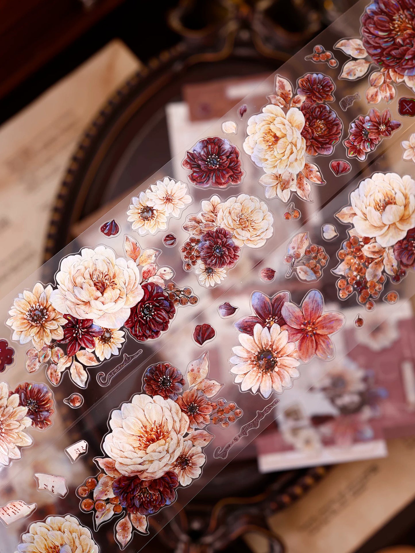 XiaoBaiJia【Peony Shadow Flower Description】Pre-cut Floral Orginal Design Washi Pet Tape Light Retro Stickers