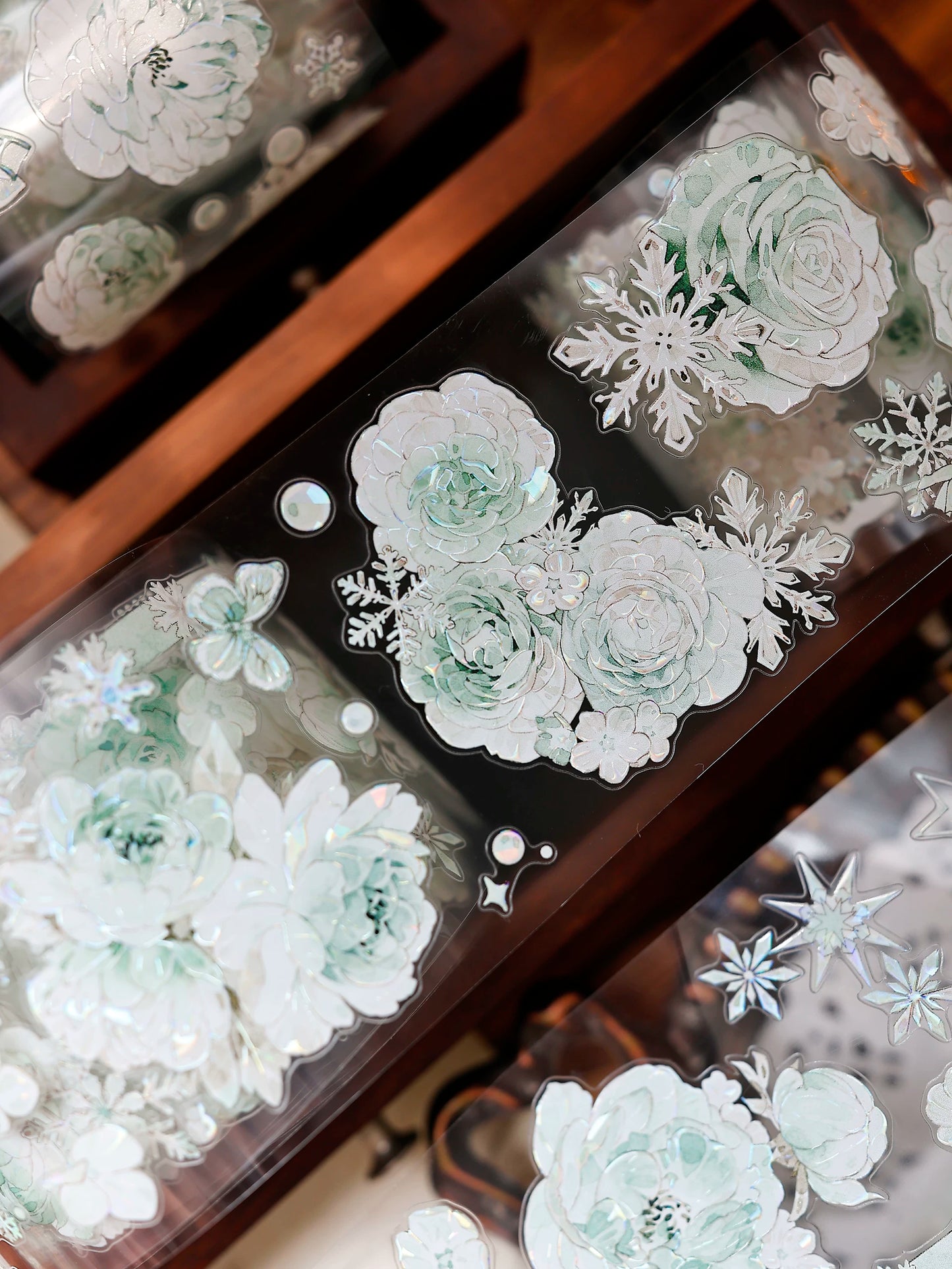 XiaoBaiJia Salt Series【Peppermint Ice】Pre-cut Orginal Design Light Retro Blue and Green Floral Pattern Washi/Pet Tape Light Retro Stickers