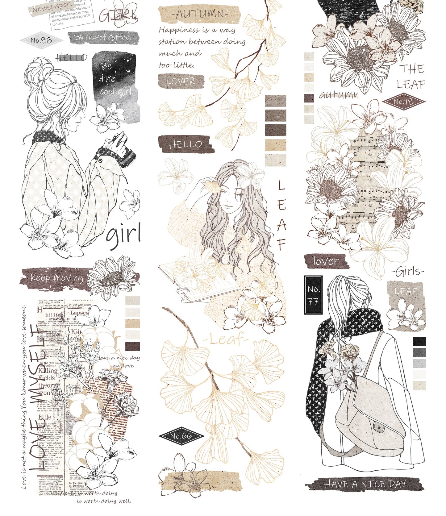 Linlanxi【Girl】Original Design New Product  Washi/Pet Tape Light Retro Character Style Long Loop Full Roll