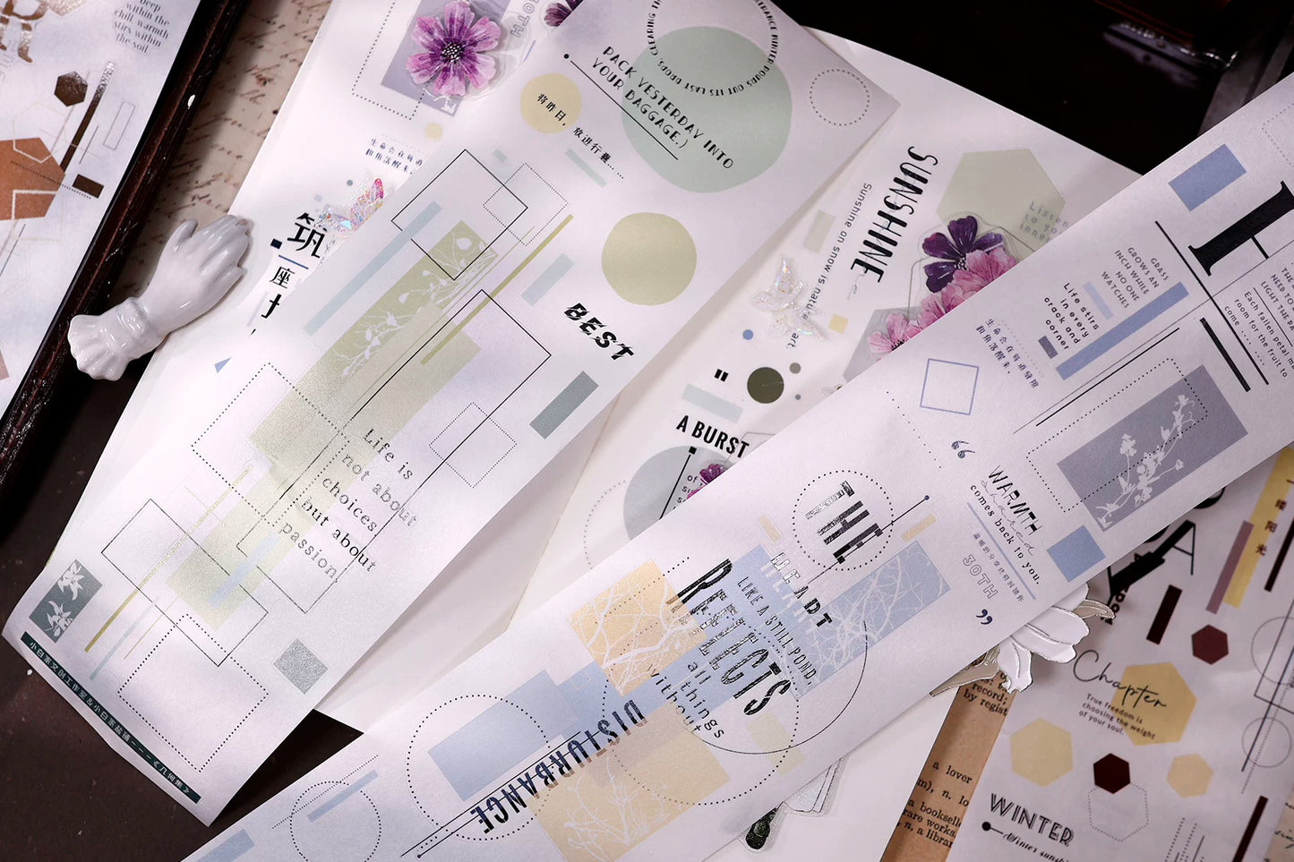 XiaoBaiJia【Geometric Set】Pre-cut Text Line Base Orginal Design Washi Pet Tape Light Retro Stickers