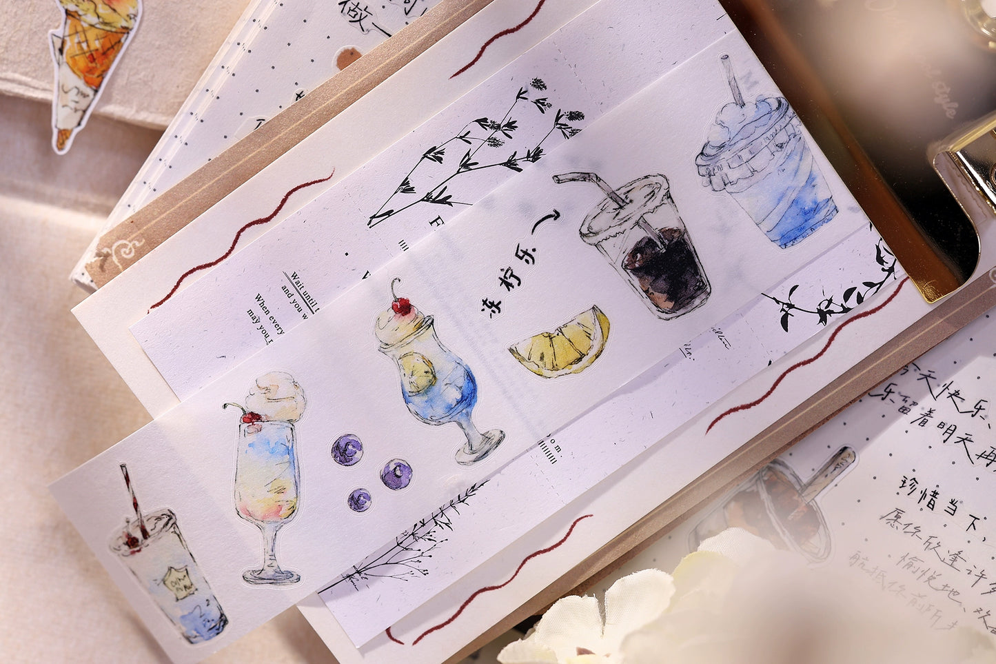 XiaoBaiJia Minimalist Style【Cool Summer】Drink Milk Tea,Pre-cut Light Retro Orginal Design Washi Pet Tape Landscape Stickers
