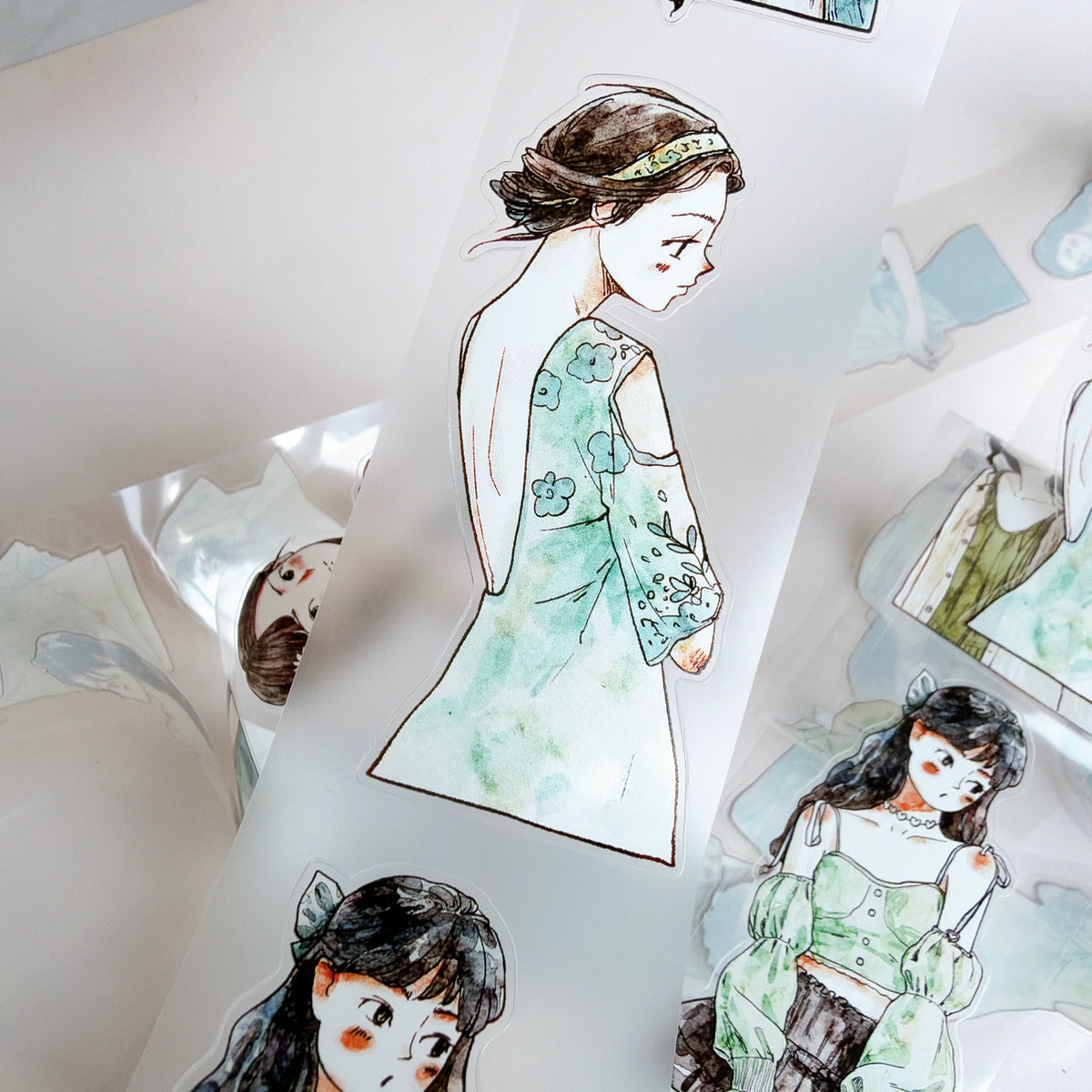 Kaixiaoxun Vol14【Minty Cool】 Pre-Cut Long Loop Washi/Matte PET Tape for Scrapbook Supplies,Junk Journal Supplies