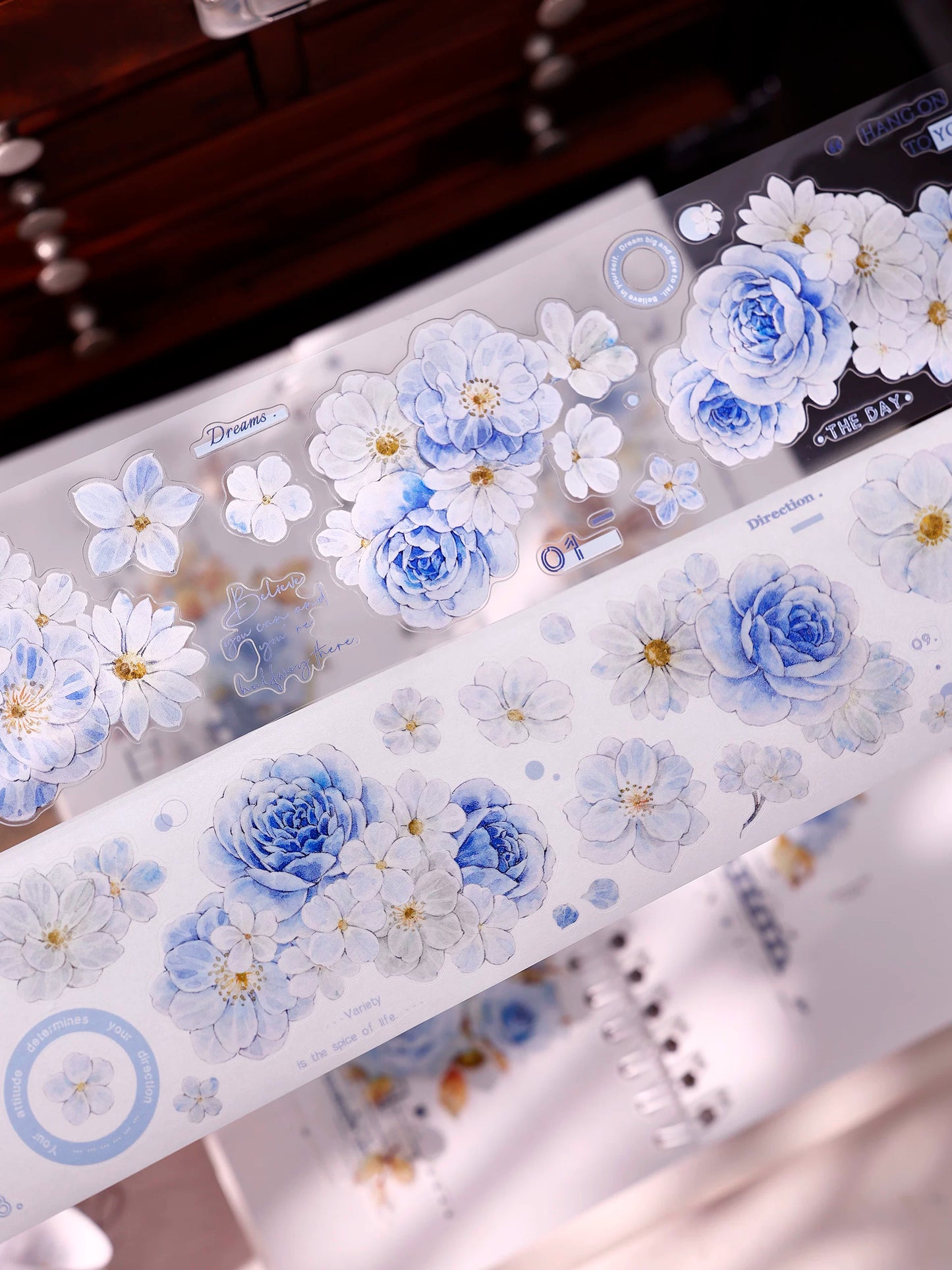 XiaoBaiJia【Light Blue Floral Trace】Orginal Design Floral Washi Pet Tape Light Retro Landscaping Stickers