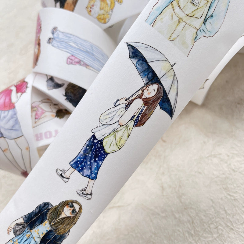 DingDing Vol8【26#Informal Essay】10m Loop,Original Character Design Vintage Casualness Girl Washi/PET Tape Stickers, for Scrapbook Supplies,Scrapbook Tape Stickers,Junk Journal Supplies