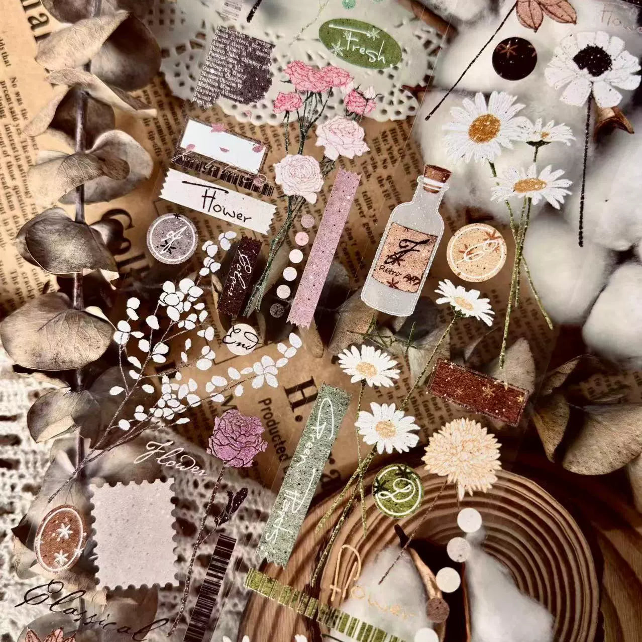 Linlanxi【Hand drawn Flower Collection】 Original New Product Light Retro Bouquet Washi/Pet Tape Long Loop Whole Roll