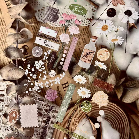 Linlanxi【Hand drawn Flower Collection】 Original New Product Light Retro Bouquet Washi/Pet Tape Long Loop Whole Roll