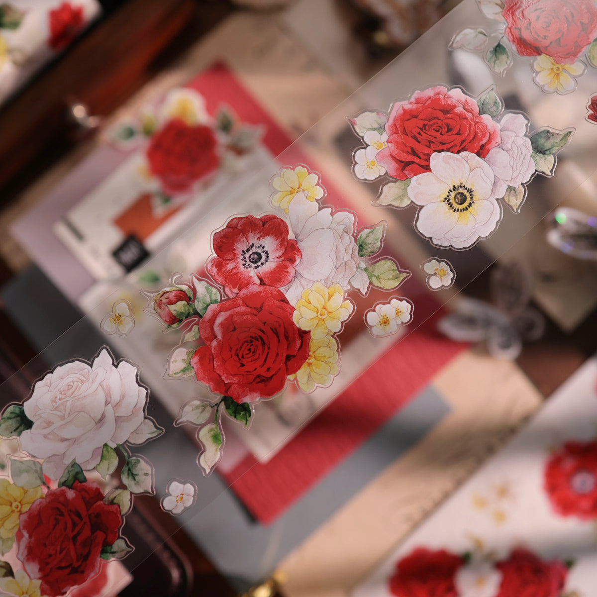 YiEr Vol18【Zhu Bai Qing Fang】Pre-cut Orginal Design Red Rose Washi Tape and PET Stickers
