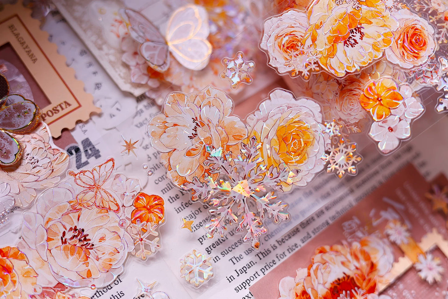 XiaoBaiJia Salt Series【Orange Light Orange Blossom】Orginal Design Kiss-cut Washi/Pet Floral Tape Light Retro Landscaping Stickers