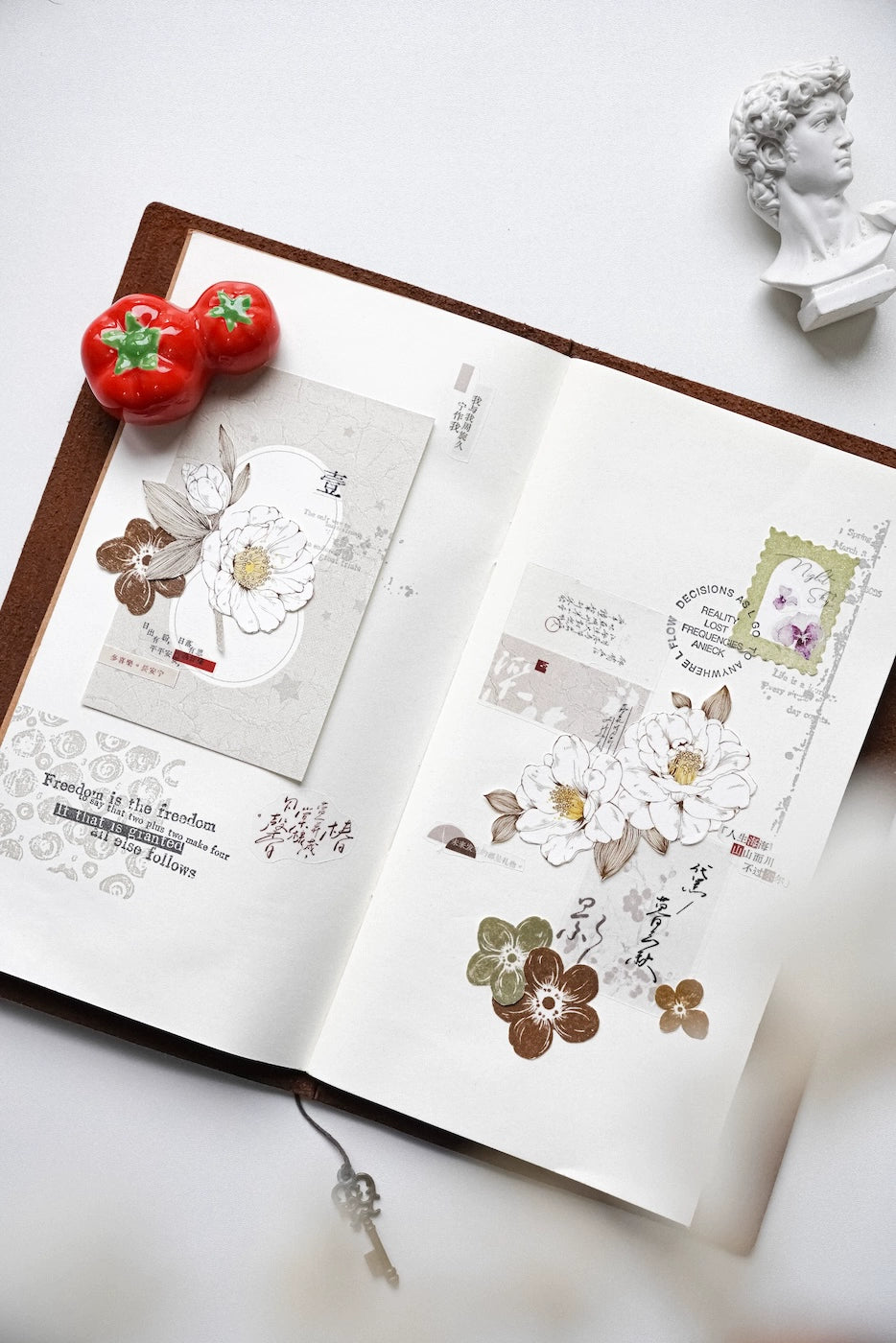 YuanZi Vol7【Misty White Camellia】Orginal Design Washi/Pet Tape Light Retro Flowers Stickers,for Scrapbook Supplies,Scrapbook Tape Stickers,Junk Journal Supplies