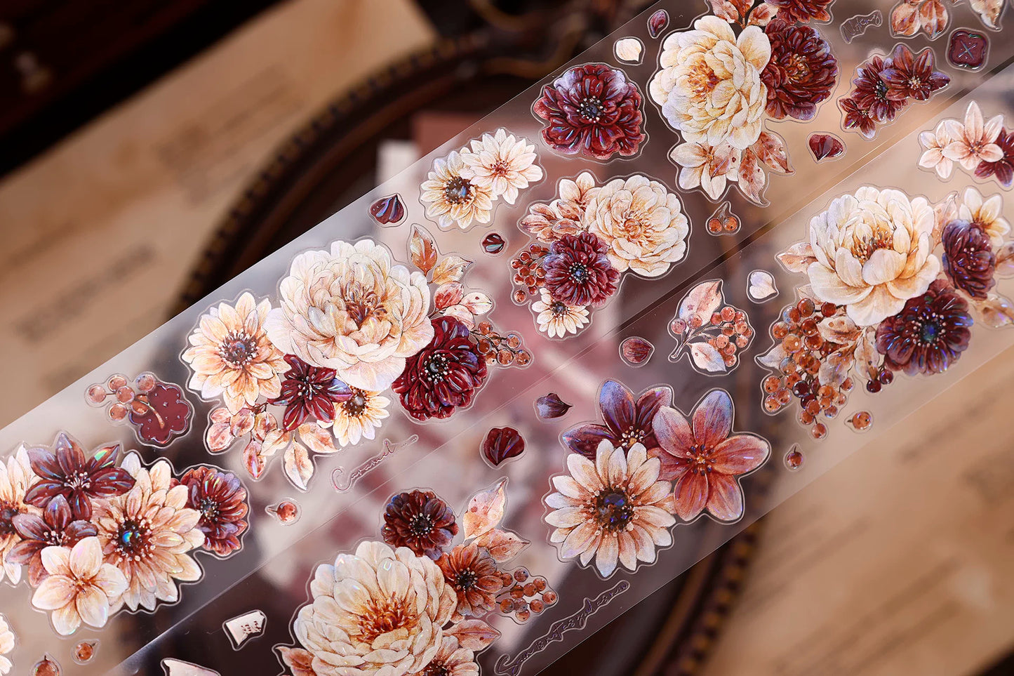 XiaoBaiJia【Peony Shadow Flower Description】Pre-cut Floral Orginal Design Washi Pet Tape Light Retro Stickers