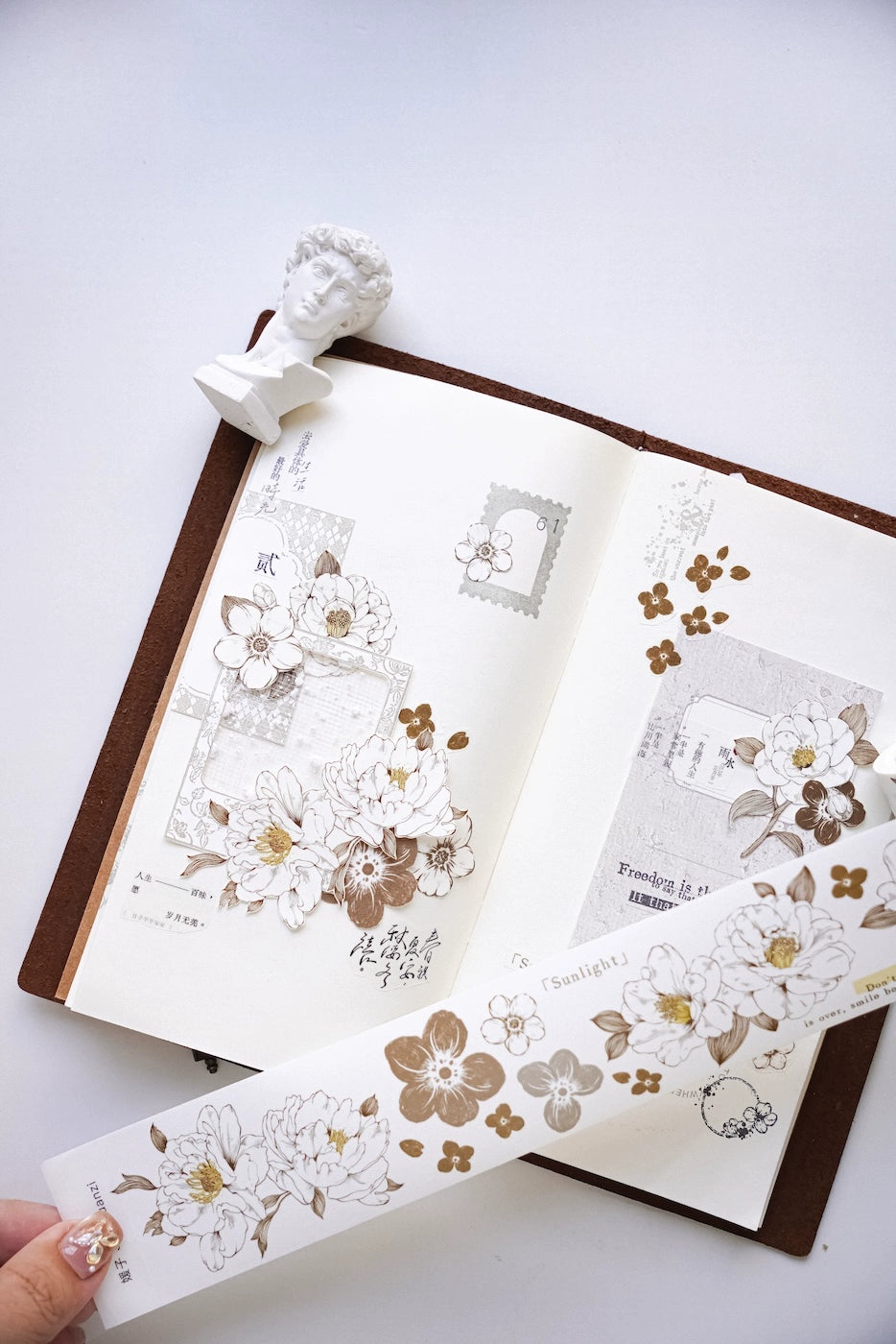 YuanZi Vol7【Misty White Camellia】Orginal Design Washi/Pet Tape Light Retro Flowers Stickers,for Scrapbook Supplies,Scrapbook Tape Stickers,Junk Journal Supplies