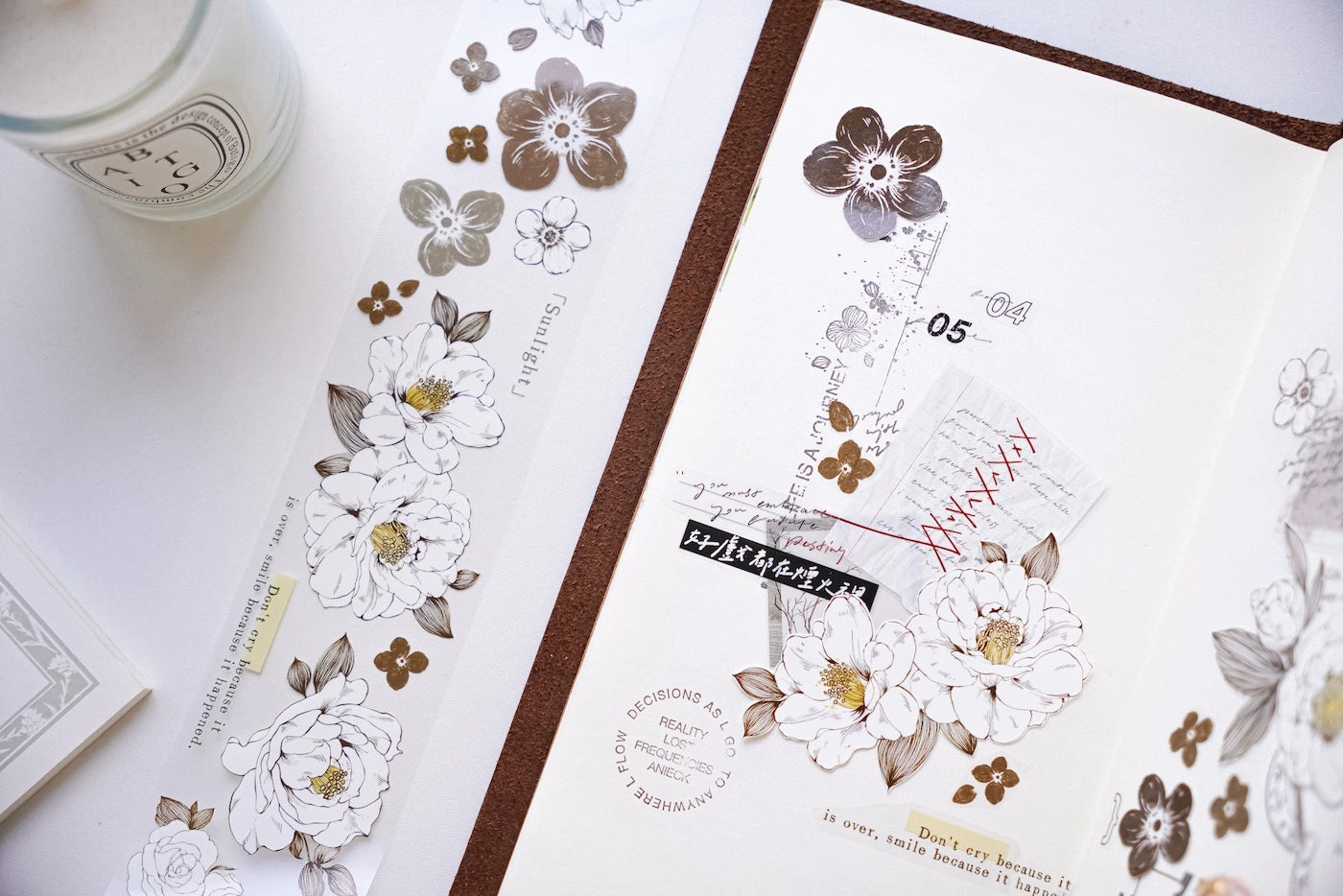 YuanZi Vol7【Misty White Camellia】Orginal Design Washi/Pet Tape Light Retro Flowers Stickers,for Scrapbook Supplies,Scrapbook Tape Stickers,Junk Journal Supplies