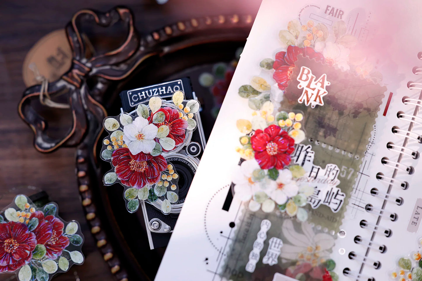 XiaoBaiJia Salt Series【Red Tea for Spring】Pre-cut Orginal Design Red and White Camellia Flowers Washi/Pet Tape Light Retro Stickers