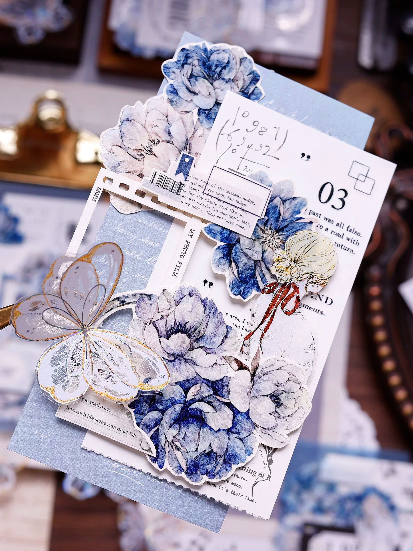 XiaoBaiJia Salt Series【Blue Mirror】Orginal Design Kiss-cut Washi/Pet Floral Tape Light Retro Landscaping Stickers