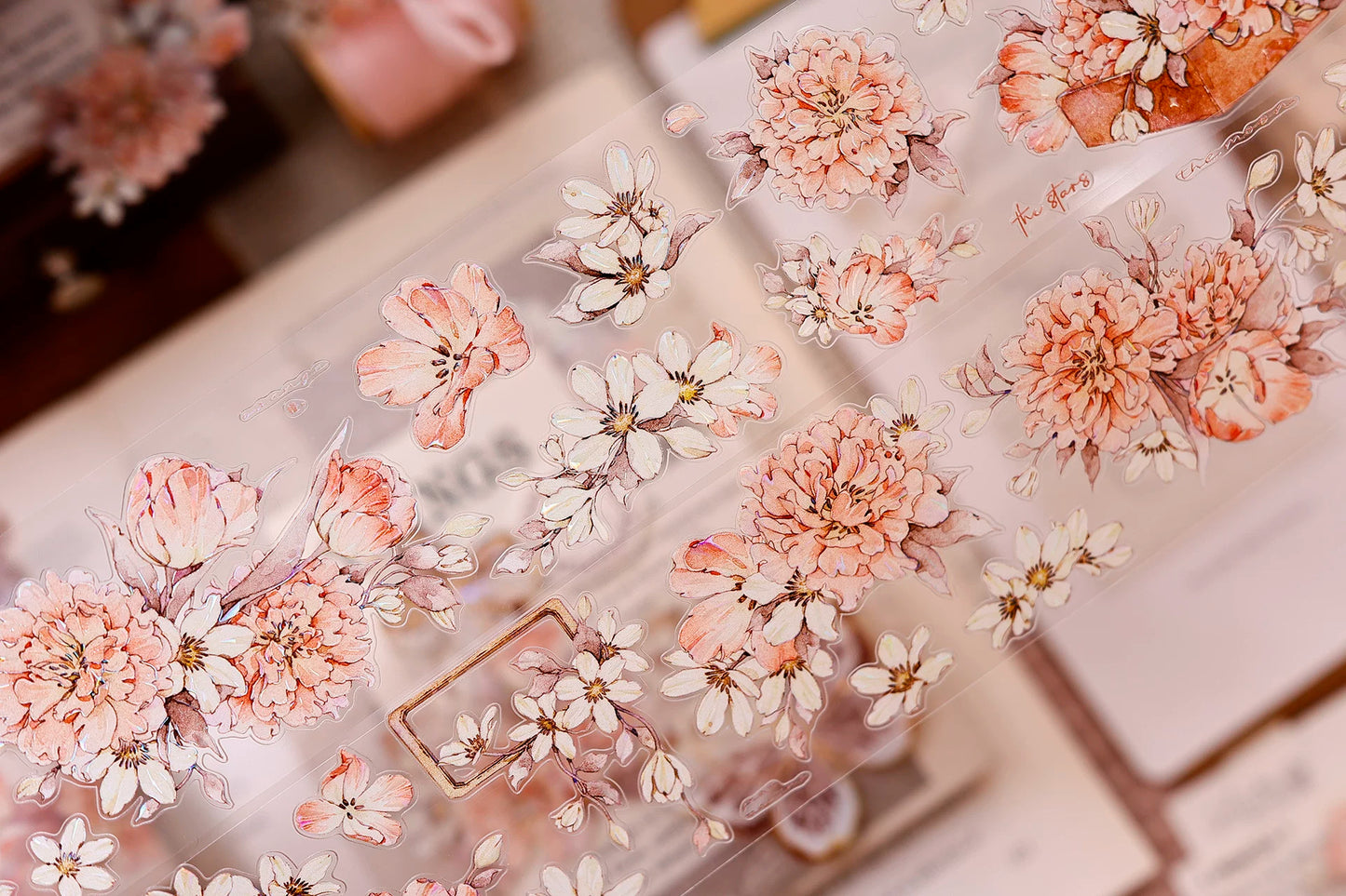 XiaoBaiJia Salt Series【Orange Shadow】Pre-cut Orginal Design Vintage Peony Flowers Washi/Pet Tape Light Retro Stickers
