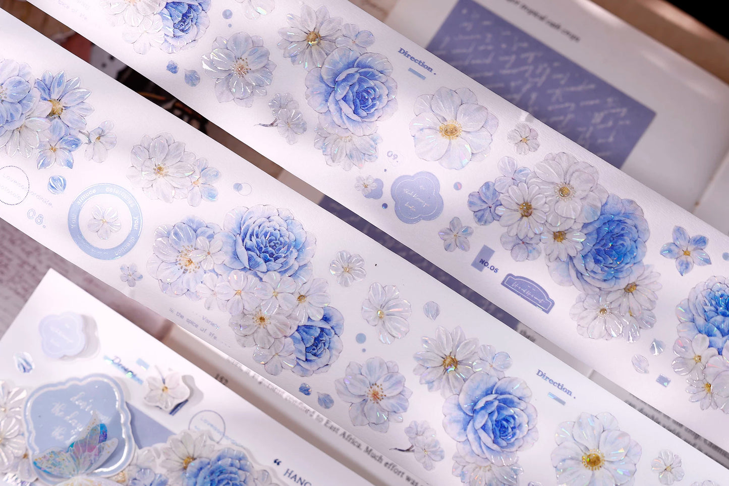XiaoBaiJia【Light Blue Floral Trace】Orginal Design Floral Washi Pet Tape Light Retro Landscaping Stickers