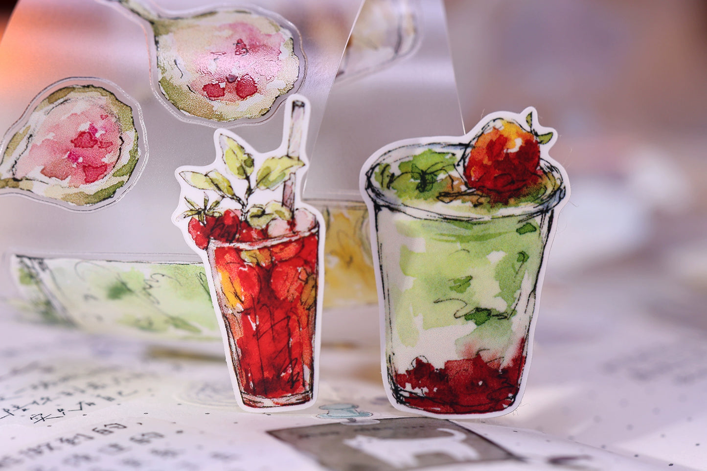 XiaoBaiJia Minimalist Style【Cool Summer】Drink Milk Tea,Pre-cut Light Retro Orginal Design Washi Pet Tape Landscape Stickers