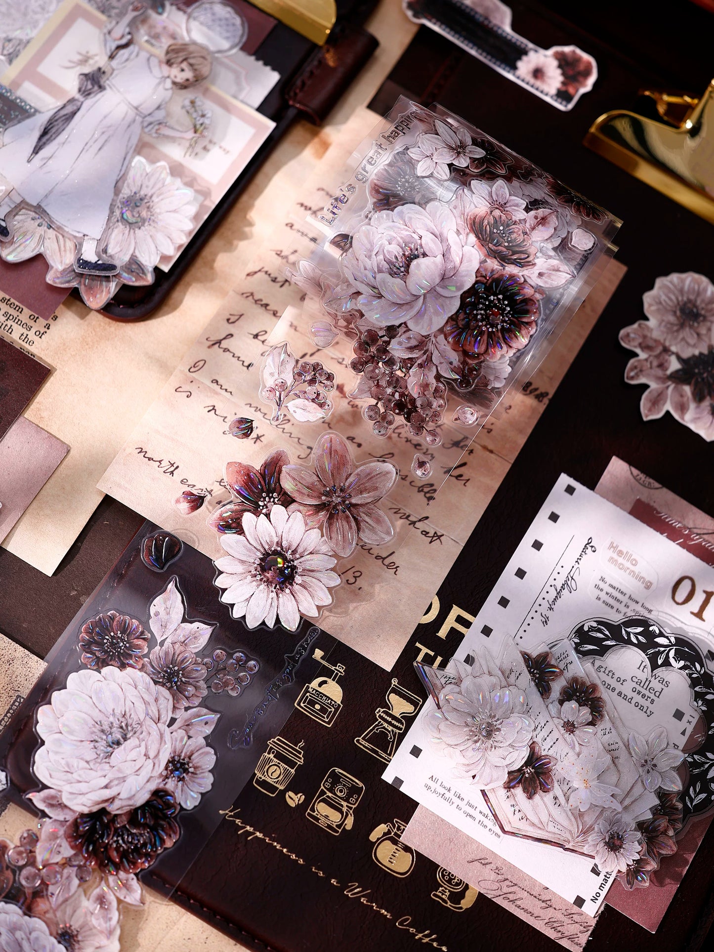XiaoBaiJia【Brown Shadow Old Paper】Pre-cut Floral Orginal Design Washi Pet Tape Light Retro Stickers