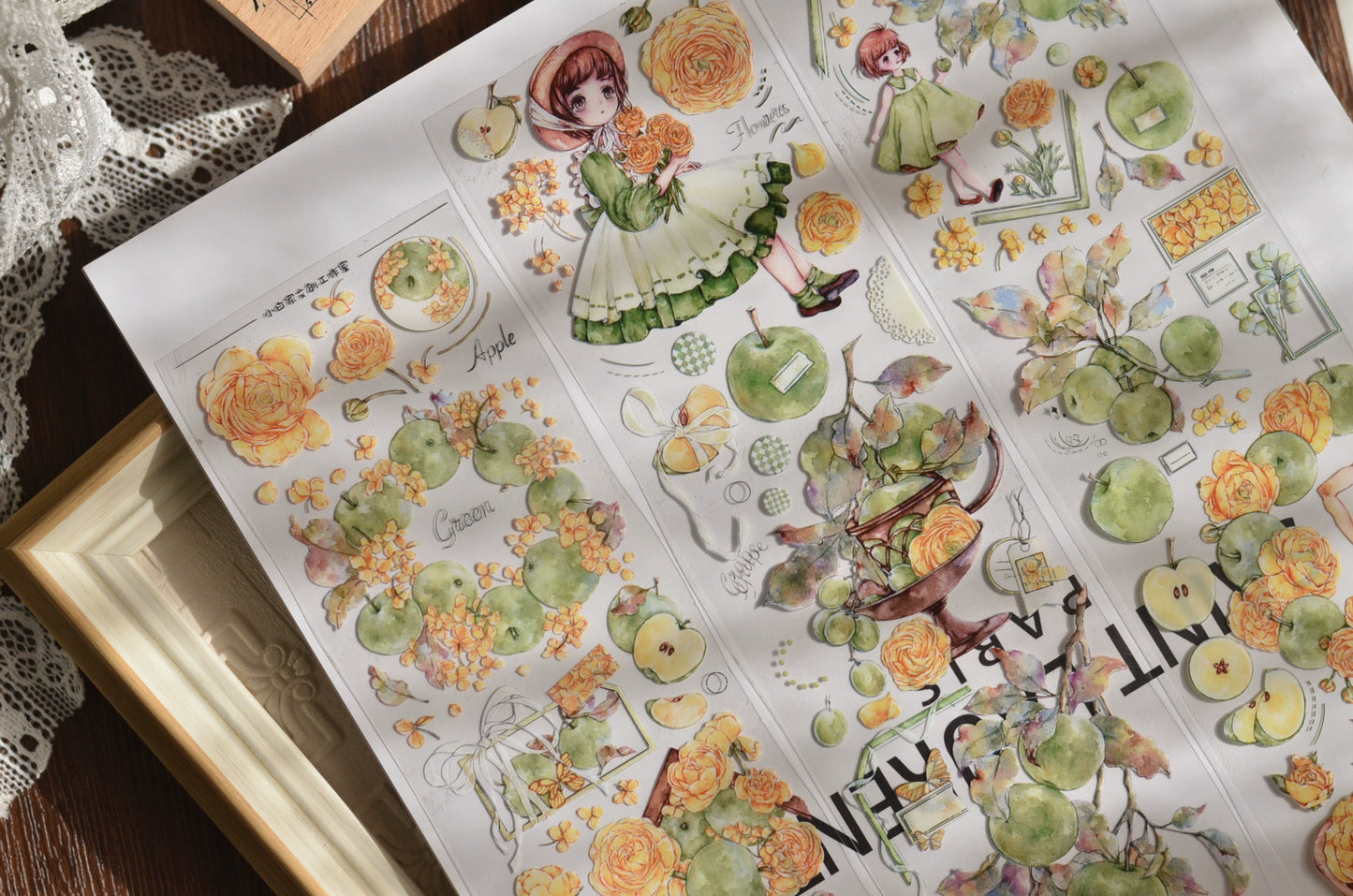 XiaoBaiJia【Initial Blue】Light Retro Peony Flowers and Fresh Apples Orginal Design Washi Pet Tape Landscaping Stickers